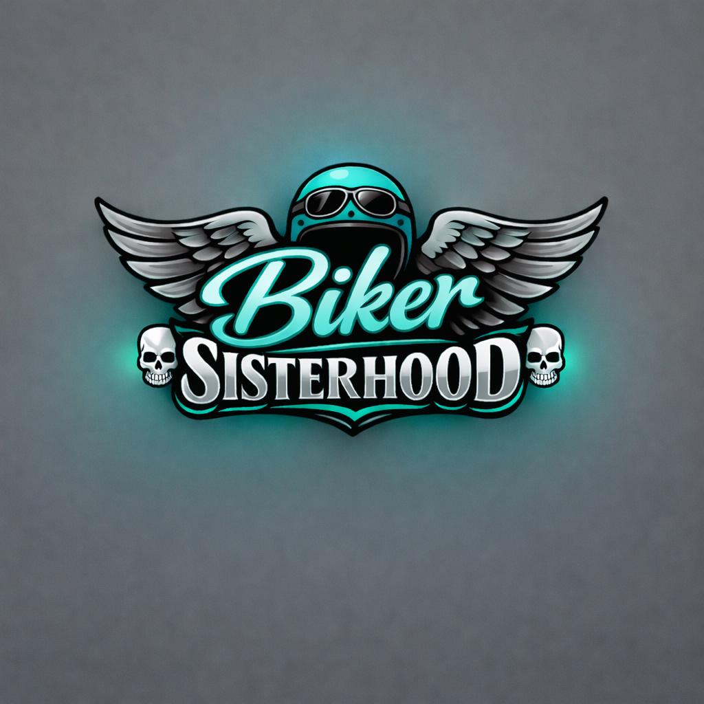 Biker Sisterhood Logo Wing and Skulls Teal