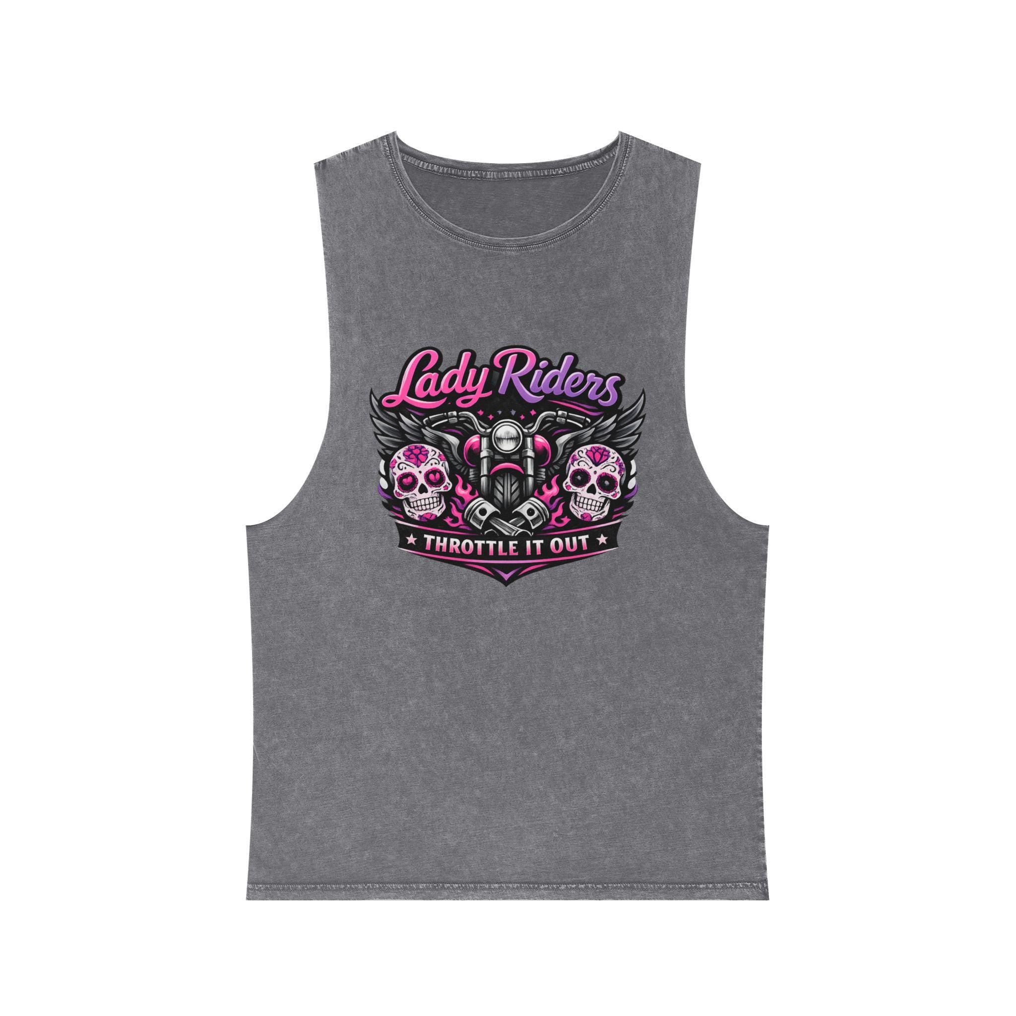 Lady Riders Skull Motorcycle Throttle it out Tank Top | Biker Graphic Stonewash