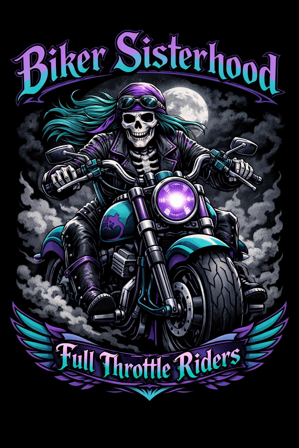Biker Sisterhood Full Throttle Riders Purple & Teal Design