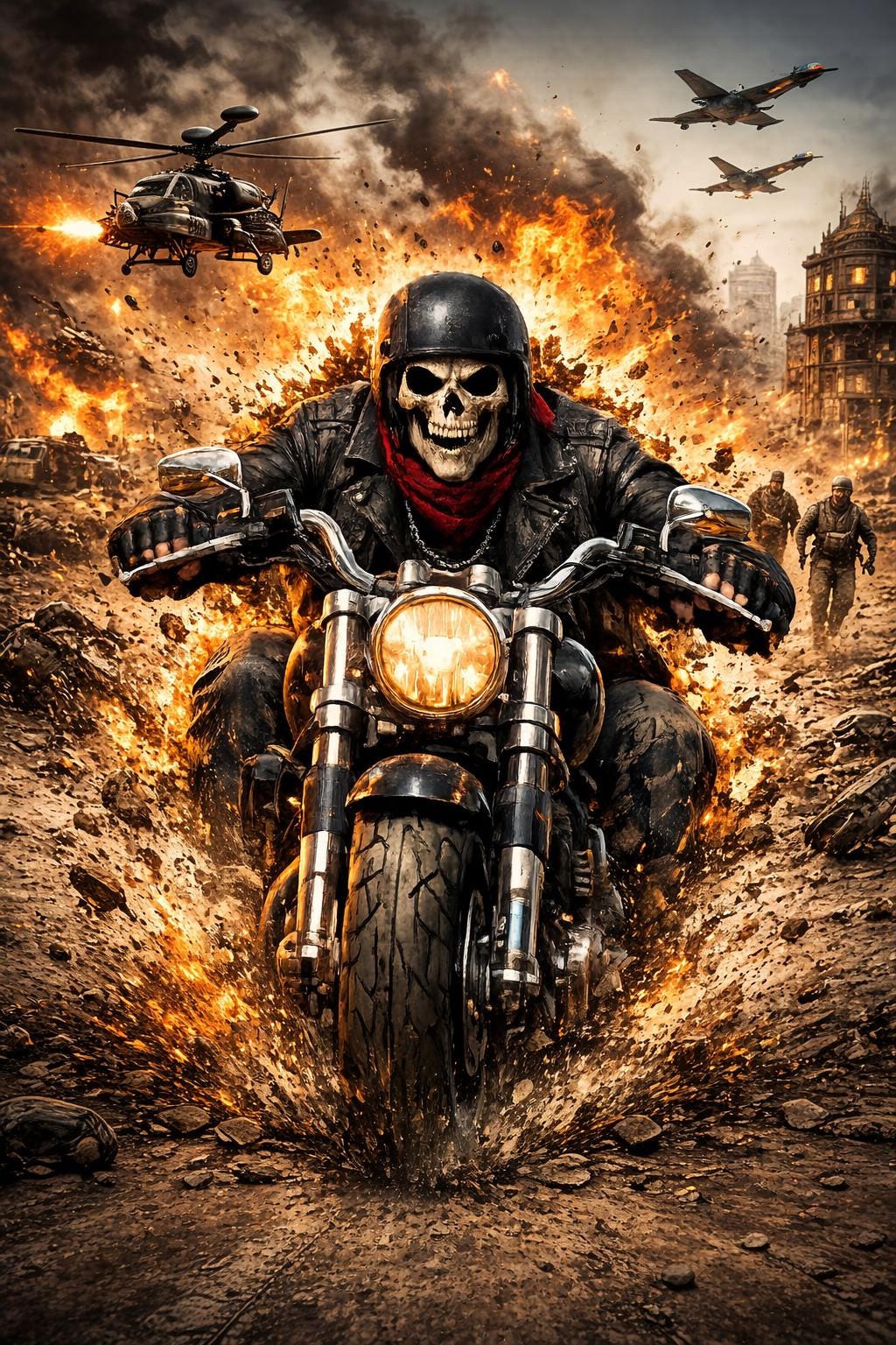 Dark Skull Riding His Harley Out Of The War Zone