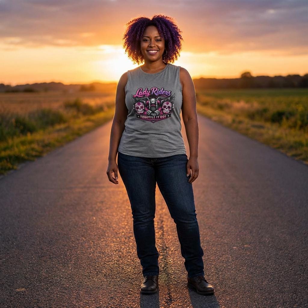 Lady Riders Skull Motorcycle Throttle it out Tank Top | Biker Graphic Stonewash