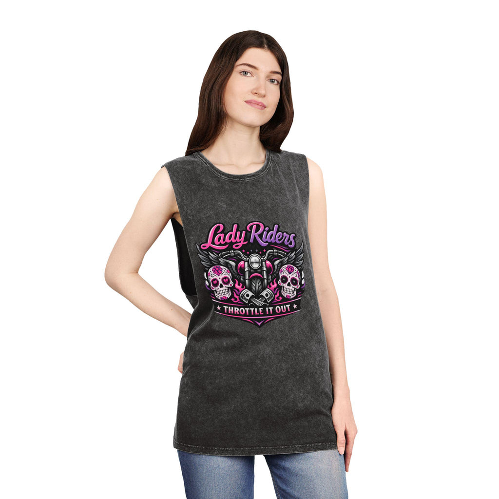Lady Riders Skull Motorcycle Throttle it out Tank Top | Biker Graphic Stonewash