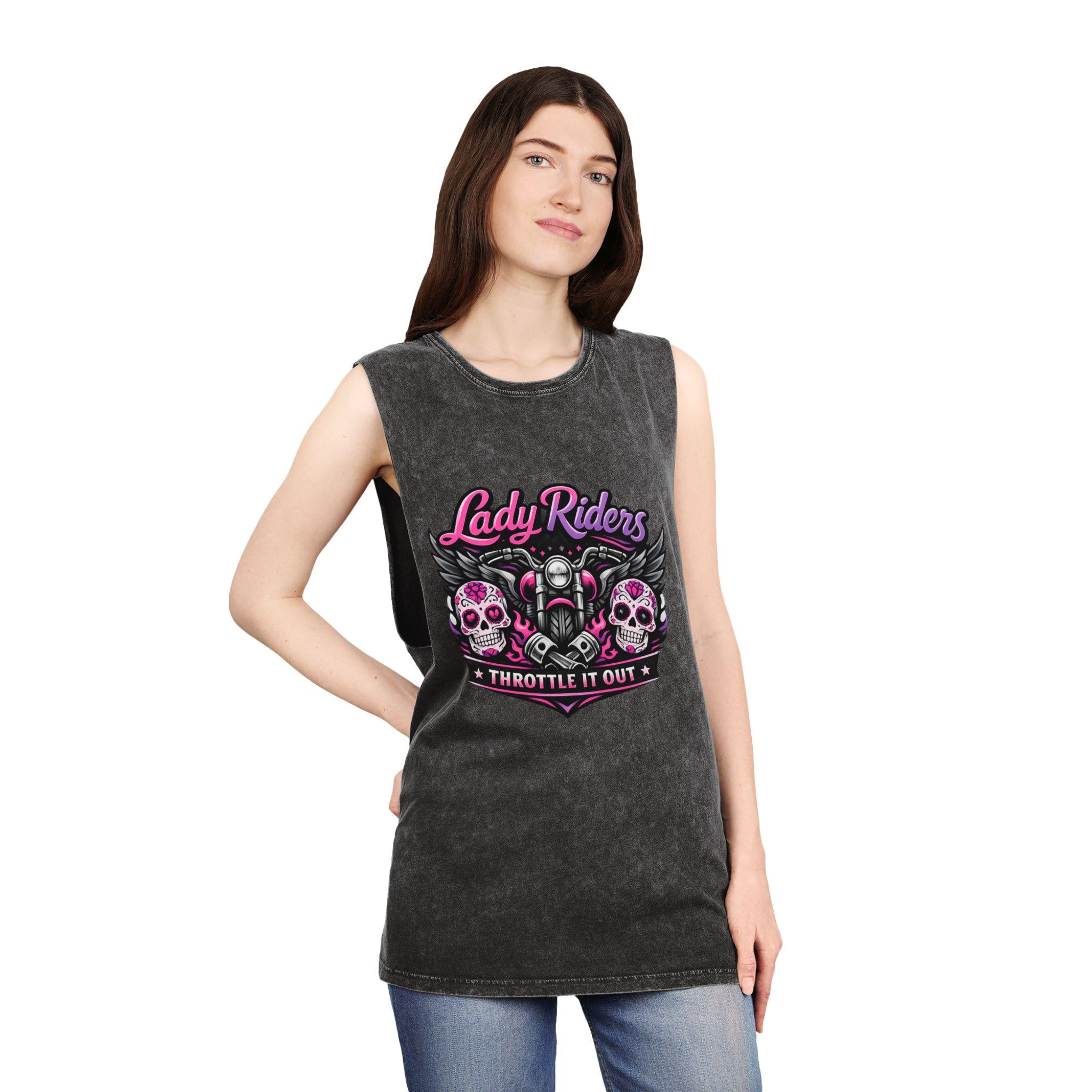 Lady Riders Skull Motorcycle Throttle it out Tank Top | Biker Graphic Stonewash