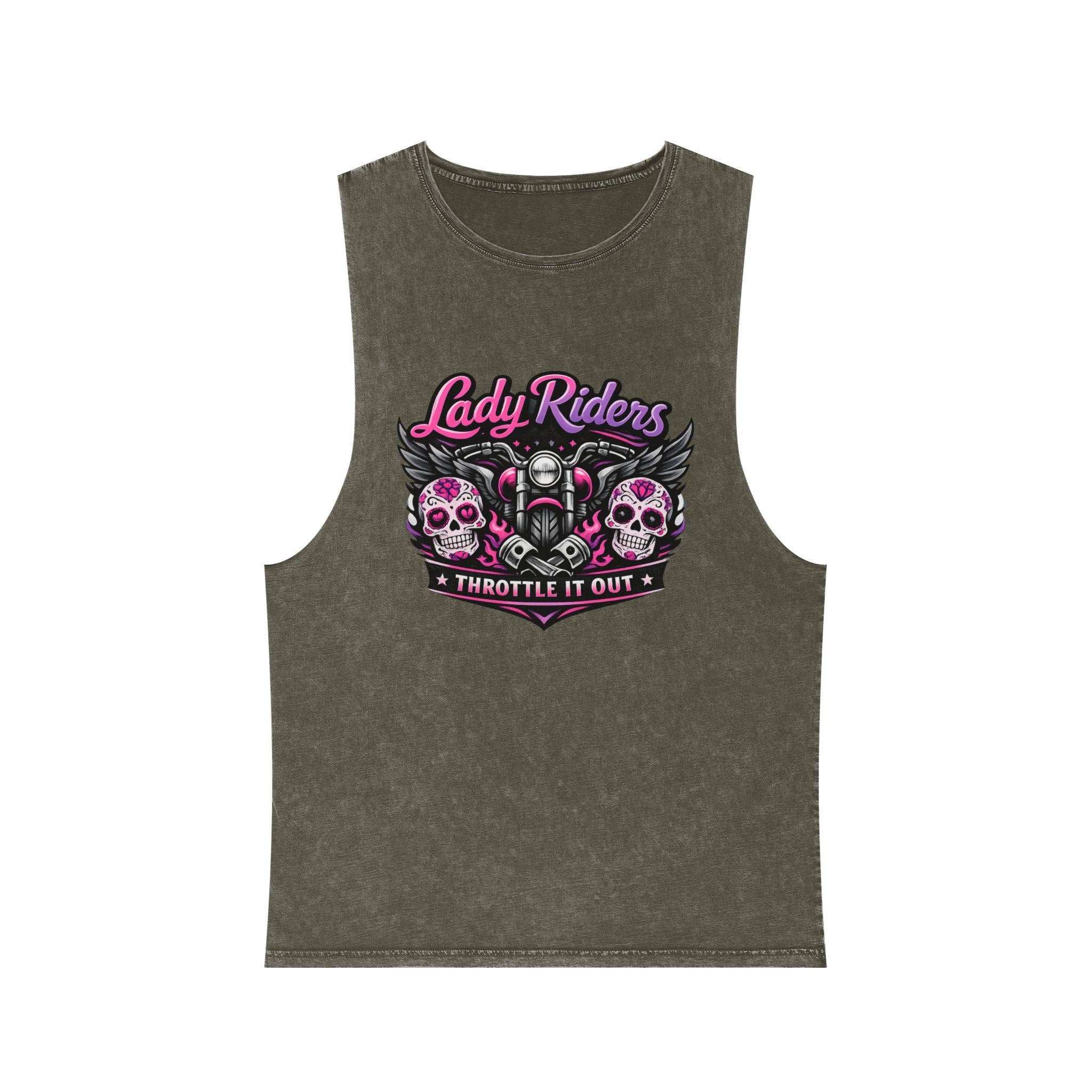 Lady Riders Skull Motorcycle Throttle it out Tank Top | Biker Graphic Stonewash