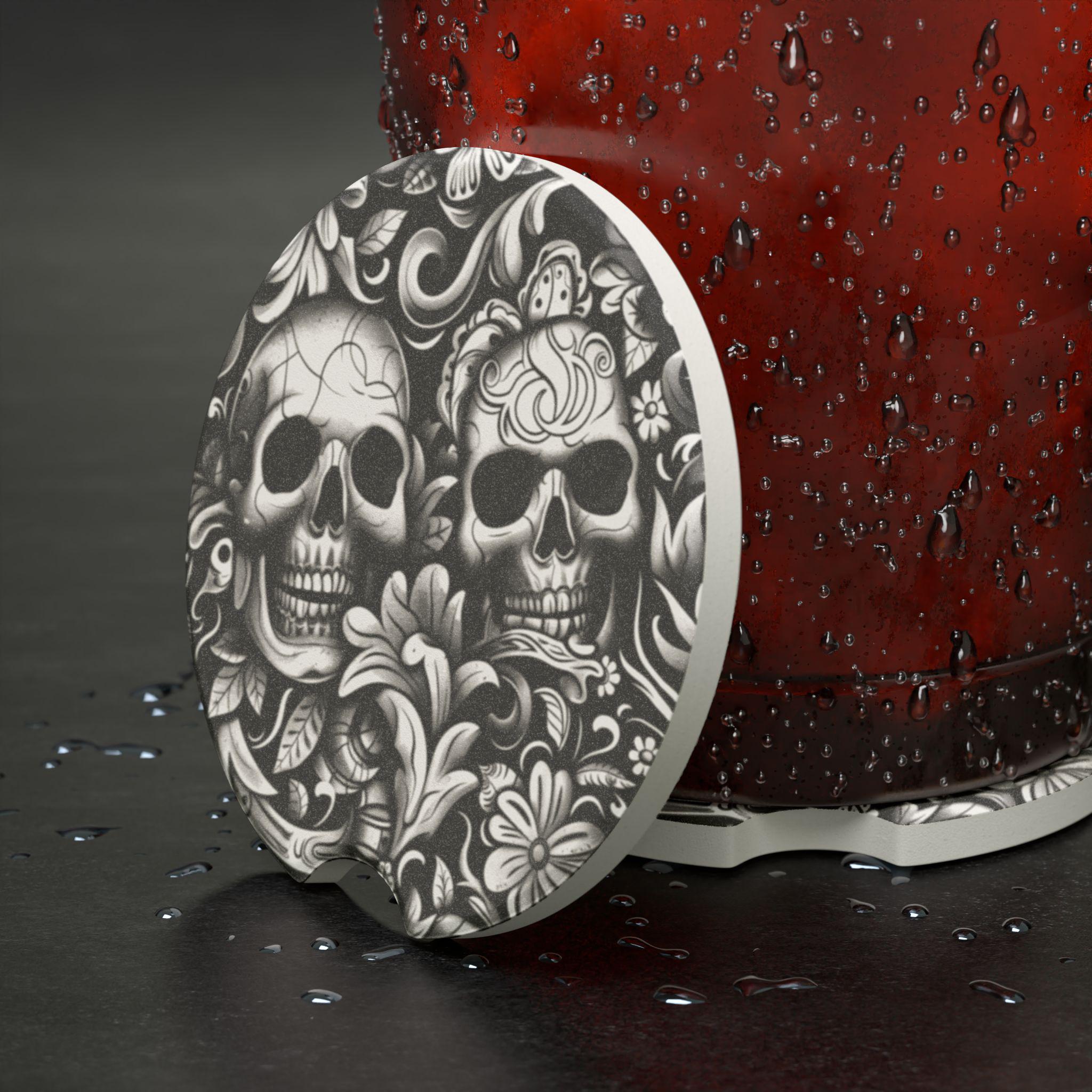 Soapstone Car Coaster — Gothic Sugar Skull Design Car Coaster