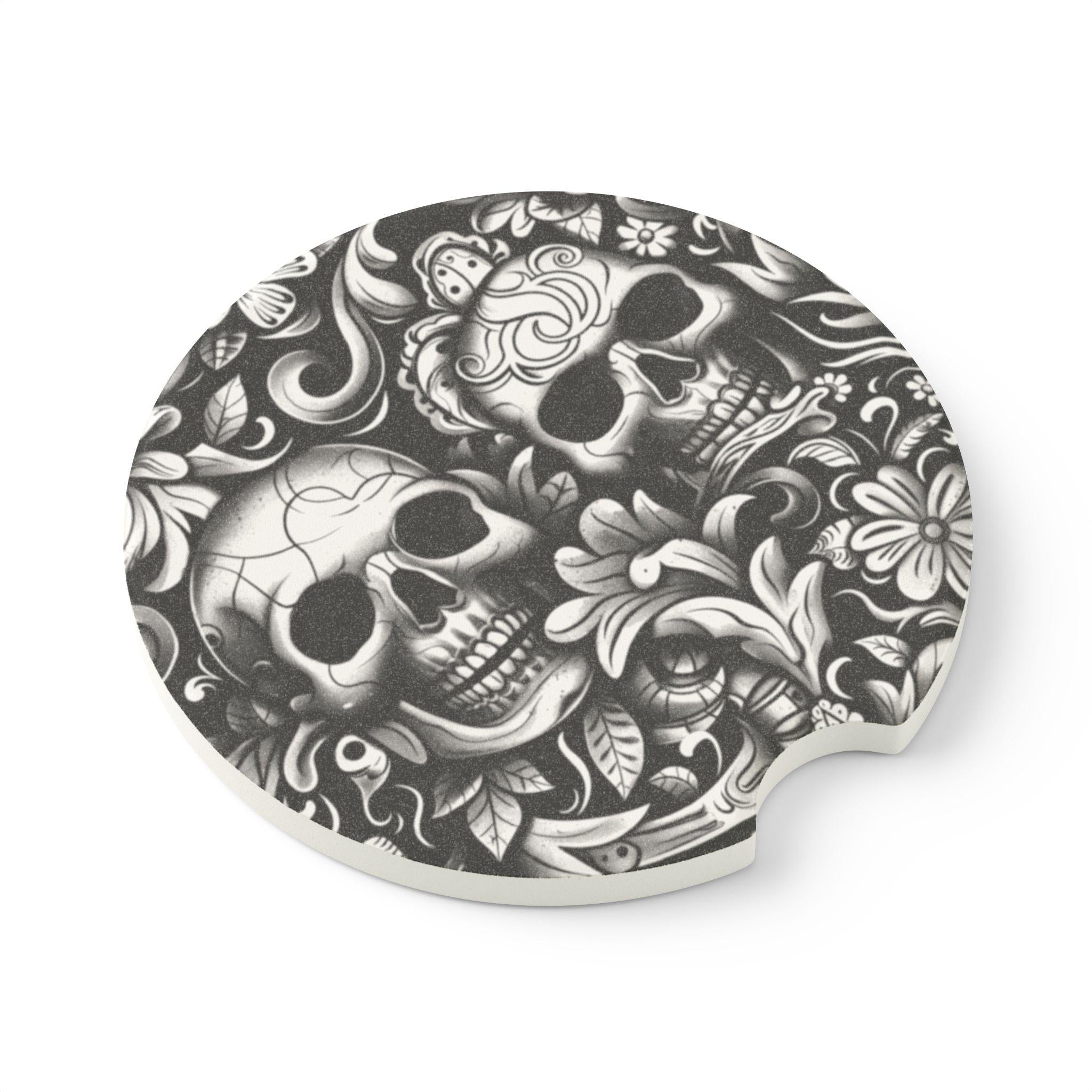 Soapstone Car Coaster — Gothic Sugar Skull Design Car Coaster