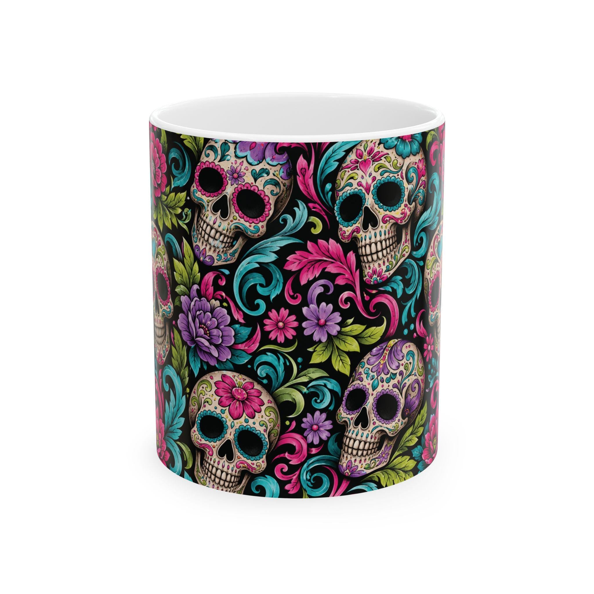 Sugar Skull Floral Ceramic Mug Colorful Day of the Dead Coffee Cup