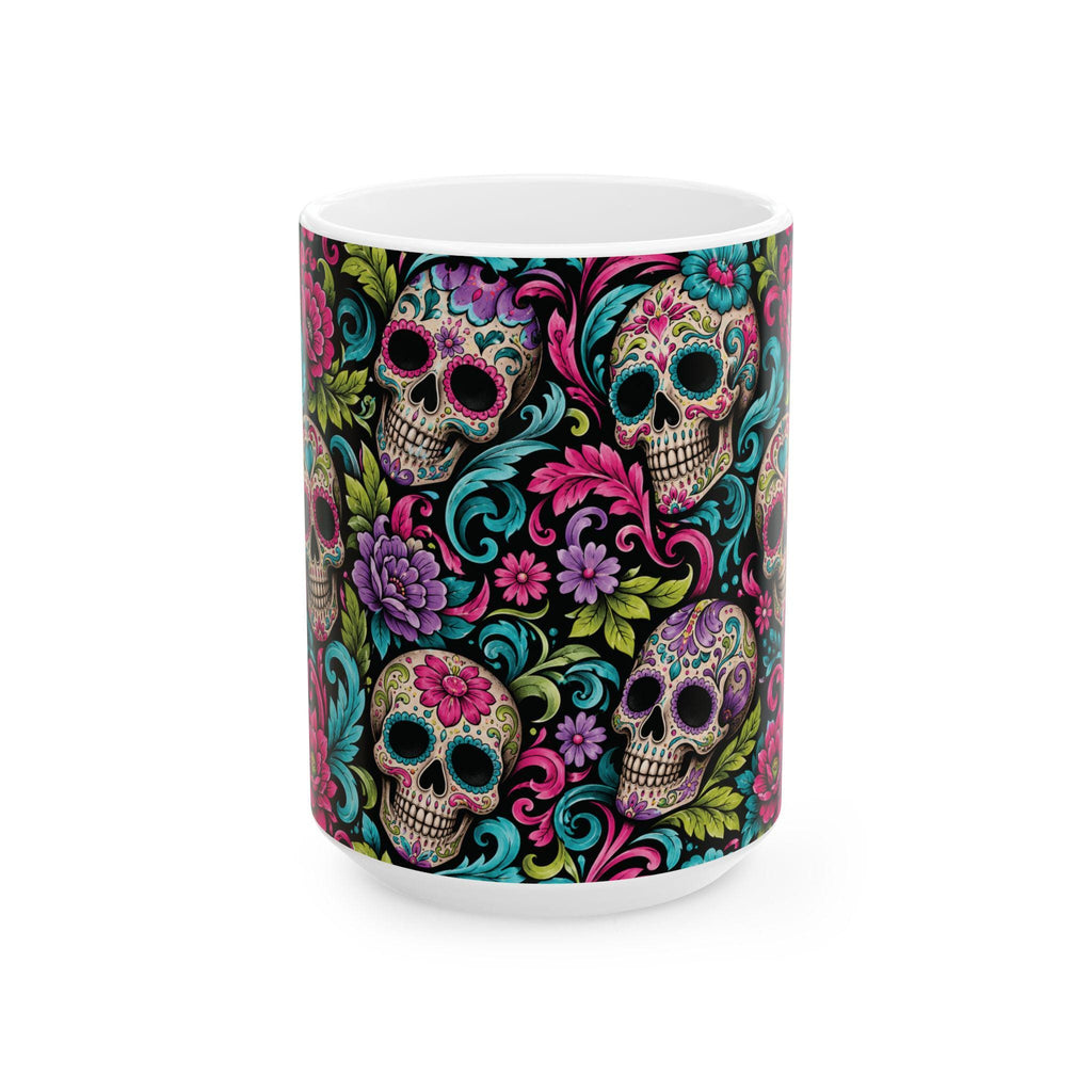 Sugar Skull Floral Ceramic Mug Colorful Day of the Dead Coffee Cup