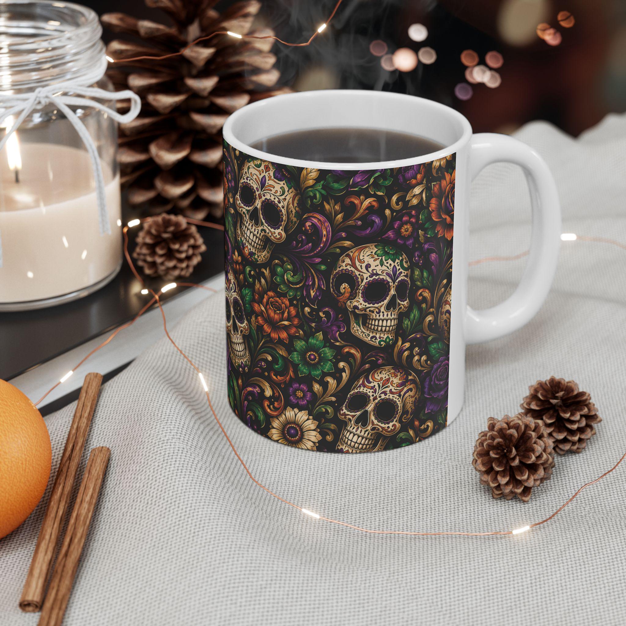 Day of the Dead Sugar Skull Ceramic Mug Floral Gothic