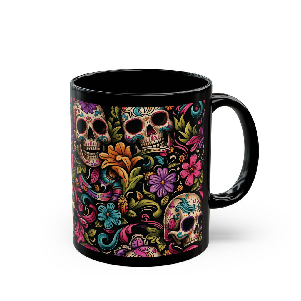 Black Day of the Dead Skull Floral Coffee Mug (11oz/15oz)