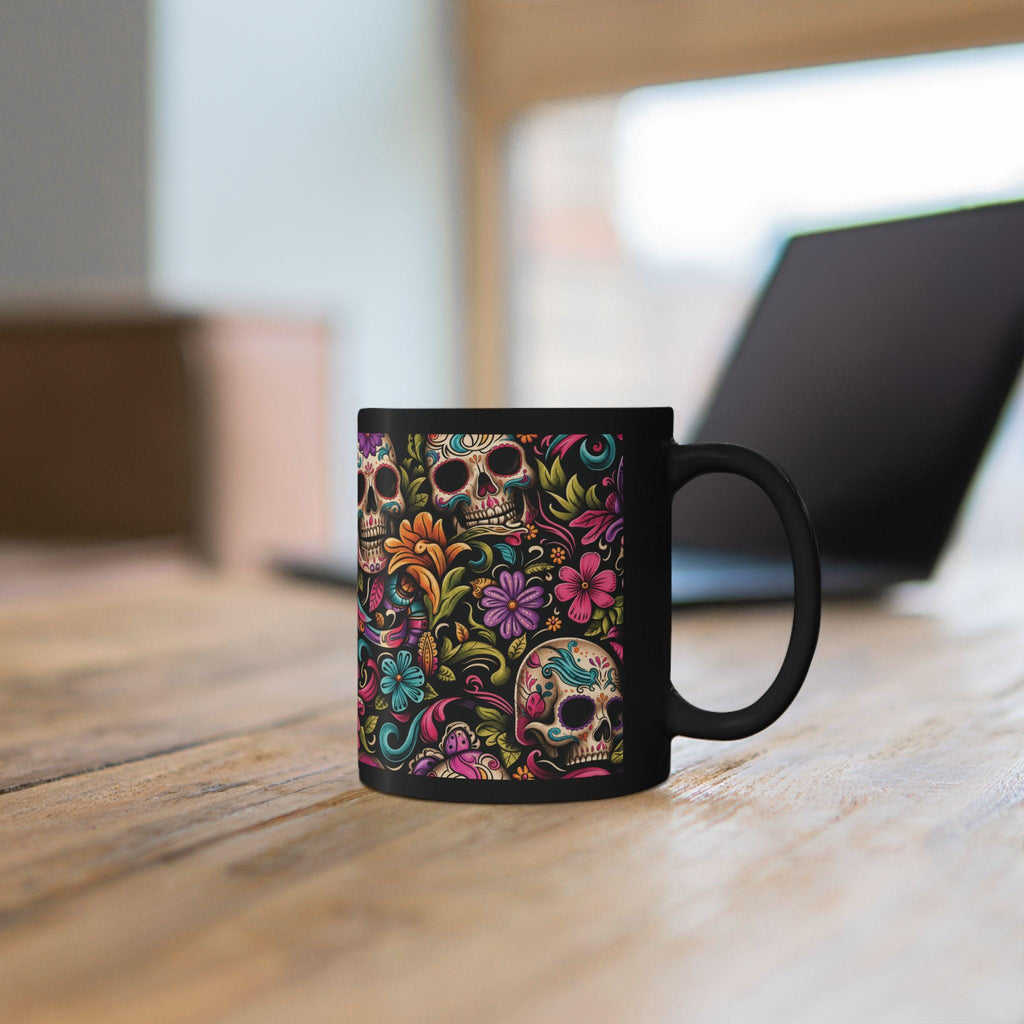 Black Day of the Dead Skull Floral Coffee Mug (11oz/15oz)