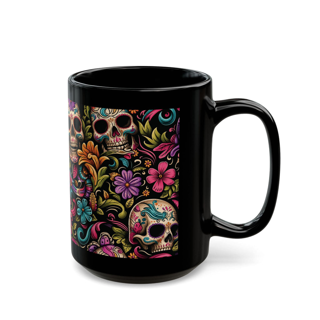 Black Day of the Dead Skull Floral Coffee Mug (11oz/15oz)