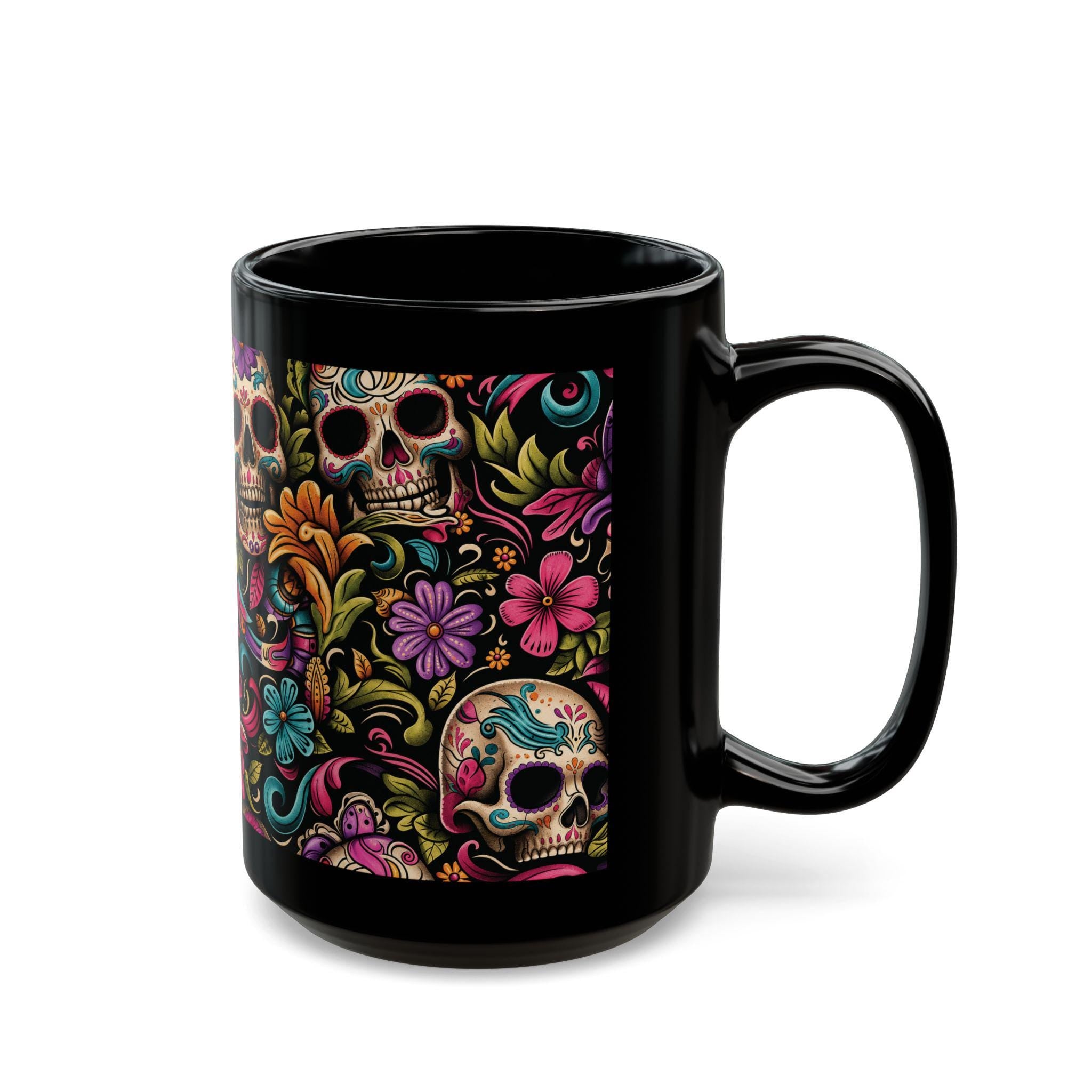 Black Day of the Dead Skull Floral Coffee Mug (11oz/15oz)