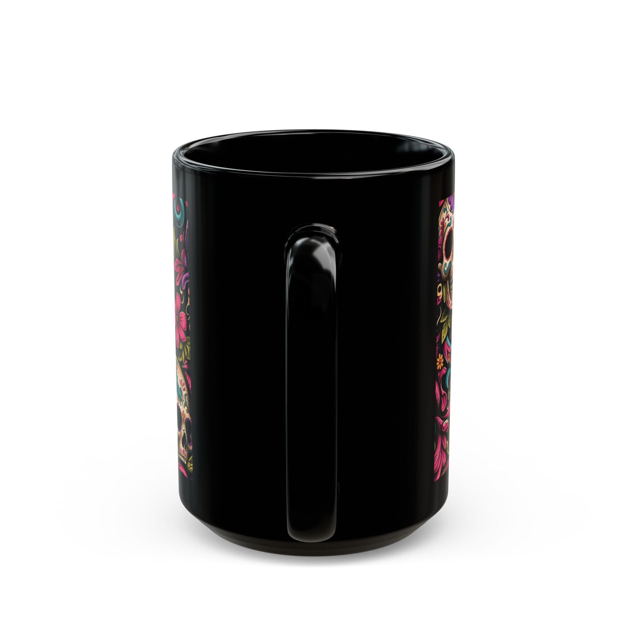 Black Day of the Dead Skull Floral Coffee Mug (11oz/15oz)