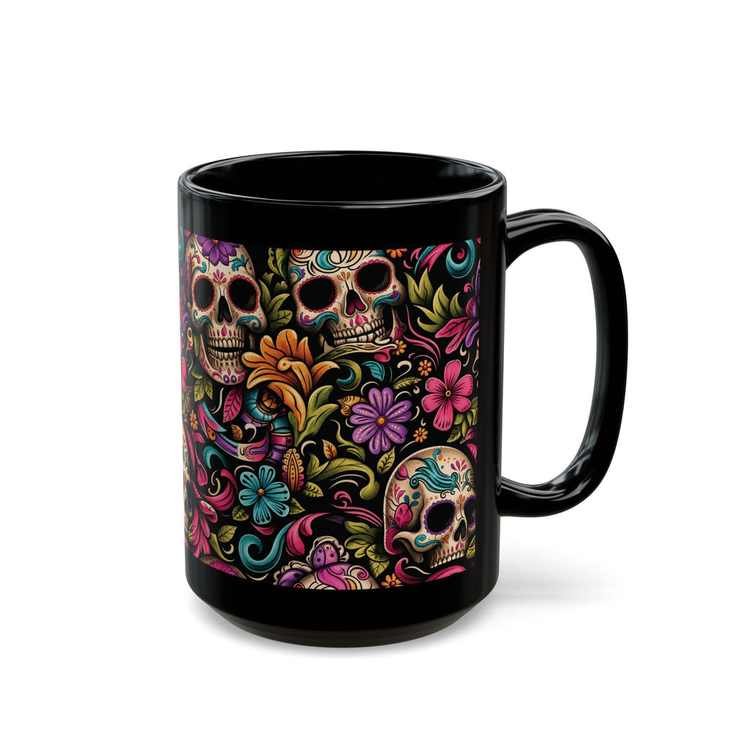 Black Day of the Dead Skull Floral Coffee Mug (11oz/15oz)