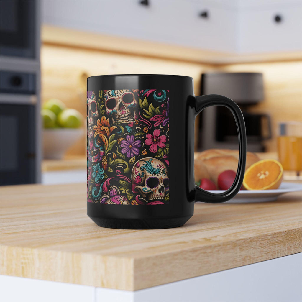 Black Day of the Dead Skull Floral Coffee Mug (11oz/15oz)