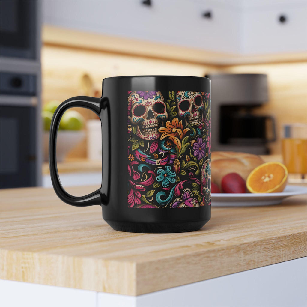 Black Day of the Dead Skull Floral Coffee Mug (11oz/15oz)