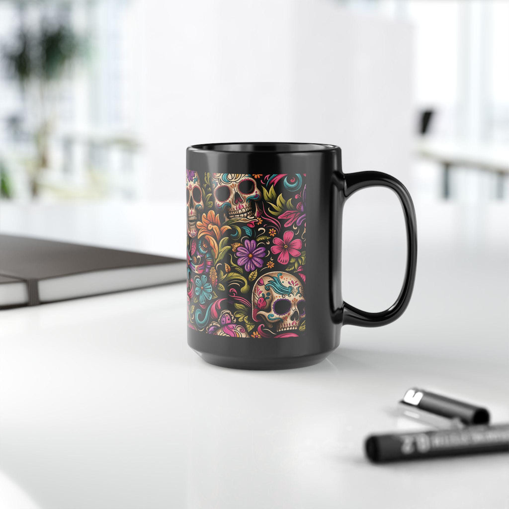 Black Day of the Dead Skull Floral Coffee Mug (11oz/15oz)