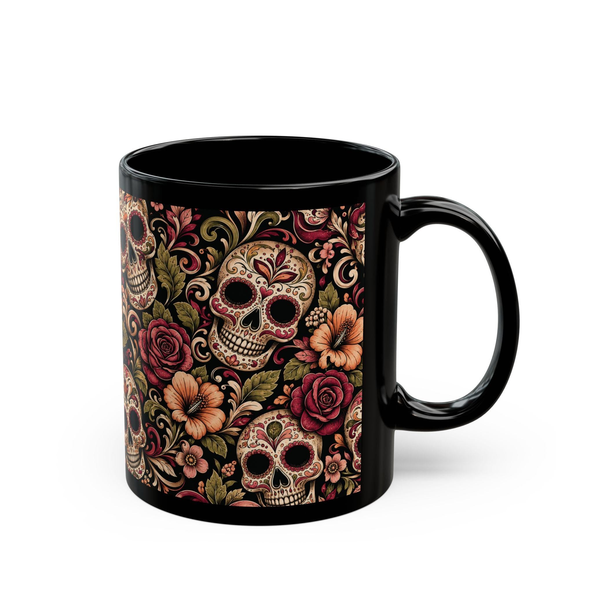 Day of the Dead Sugar Skull Black Mug Floral Calavera Coffee Cup