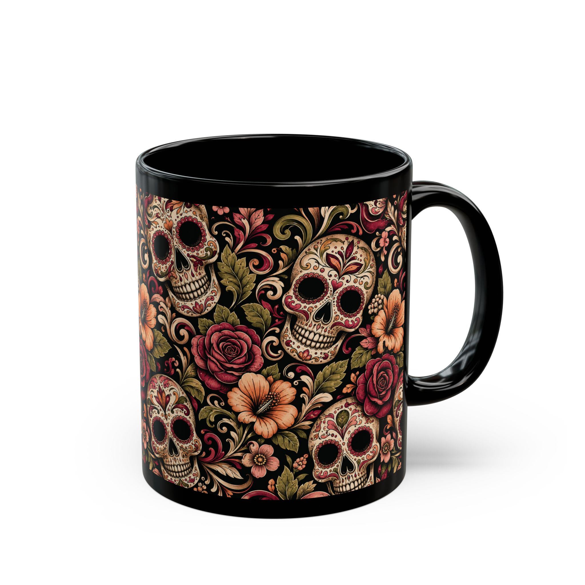 Day of the Dead Sugar Skull Black Mug Floral Calavera Coffee Cup
