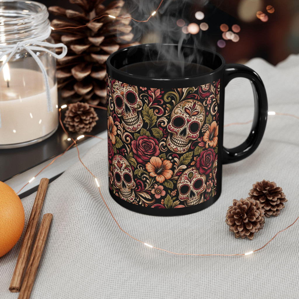 Day of the Dead Sugar Skull Black Mug Floral Calavera Coffee Cup