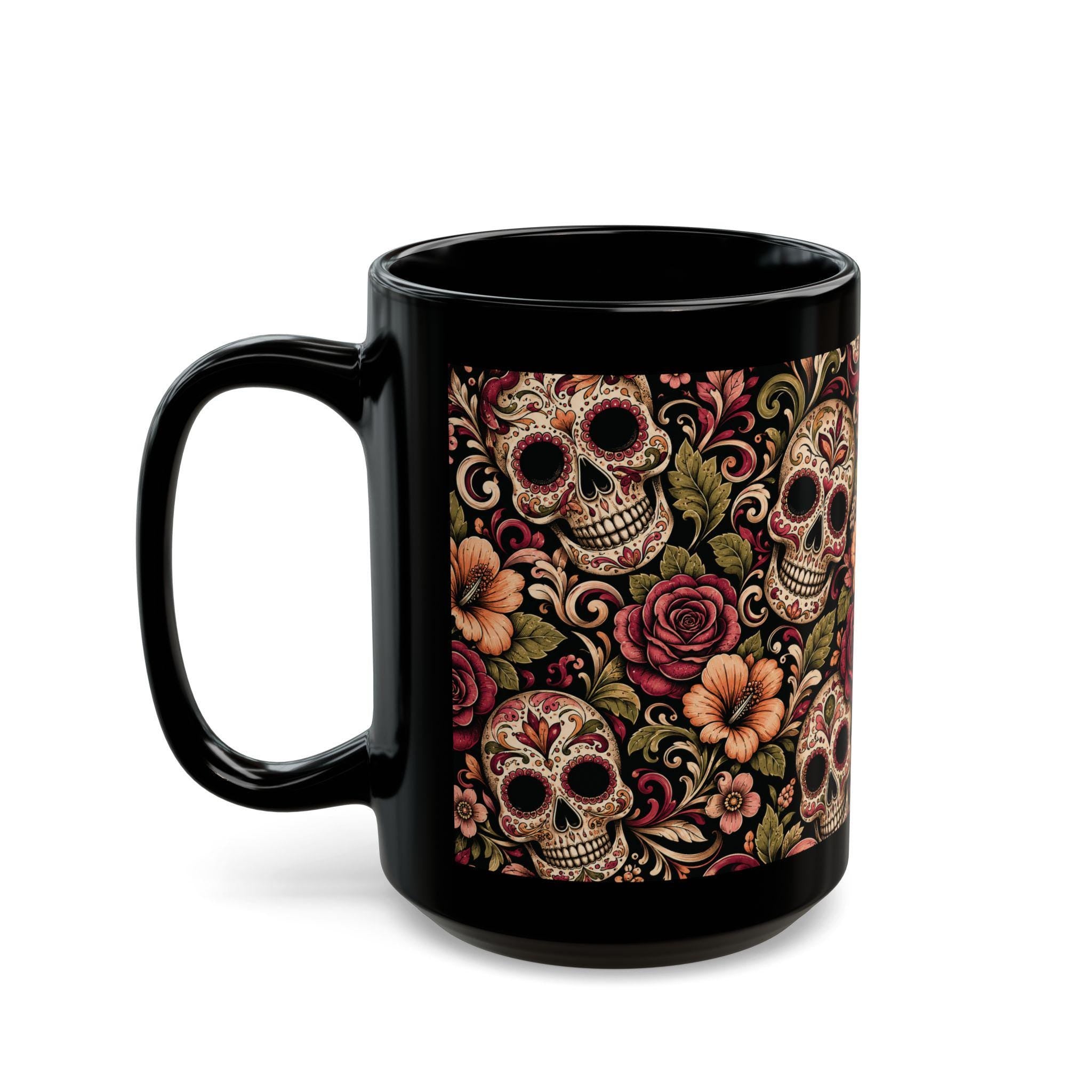 Day of the Dead Sugar Skull Black Mug Floral Calavera Coffee Cup