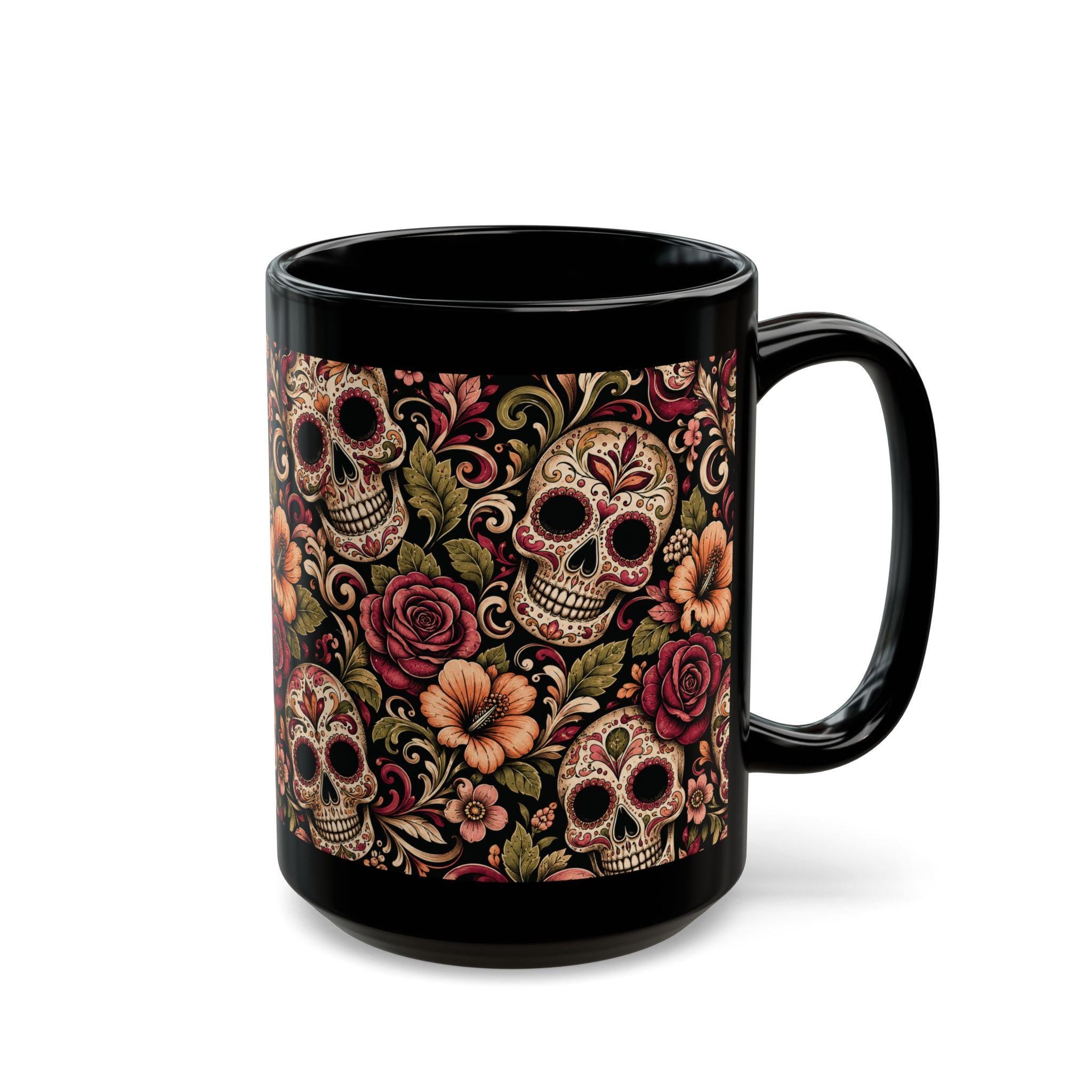 Day of the Dead Sugar Skull Black Mug Floral Calavera Coffee Cup