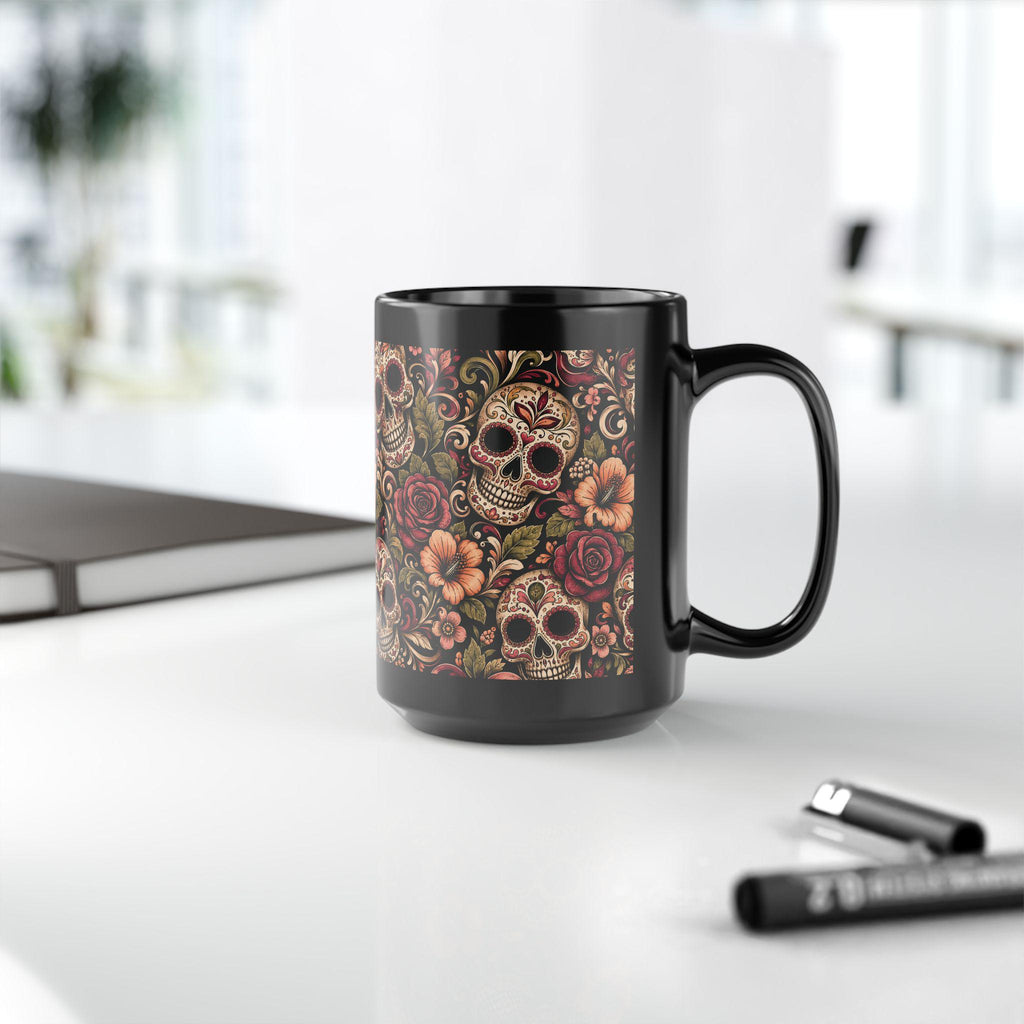 Day of the Dead Sugar Skull Black Mug Floral Calavera Coffee Cup