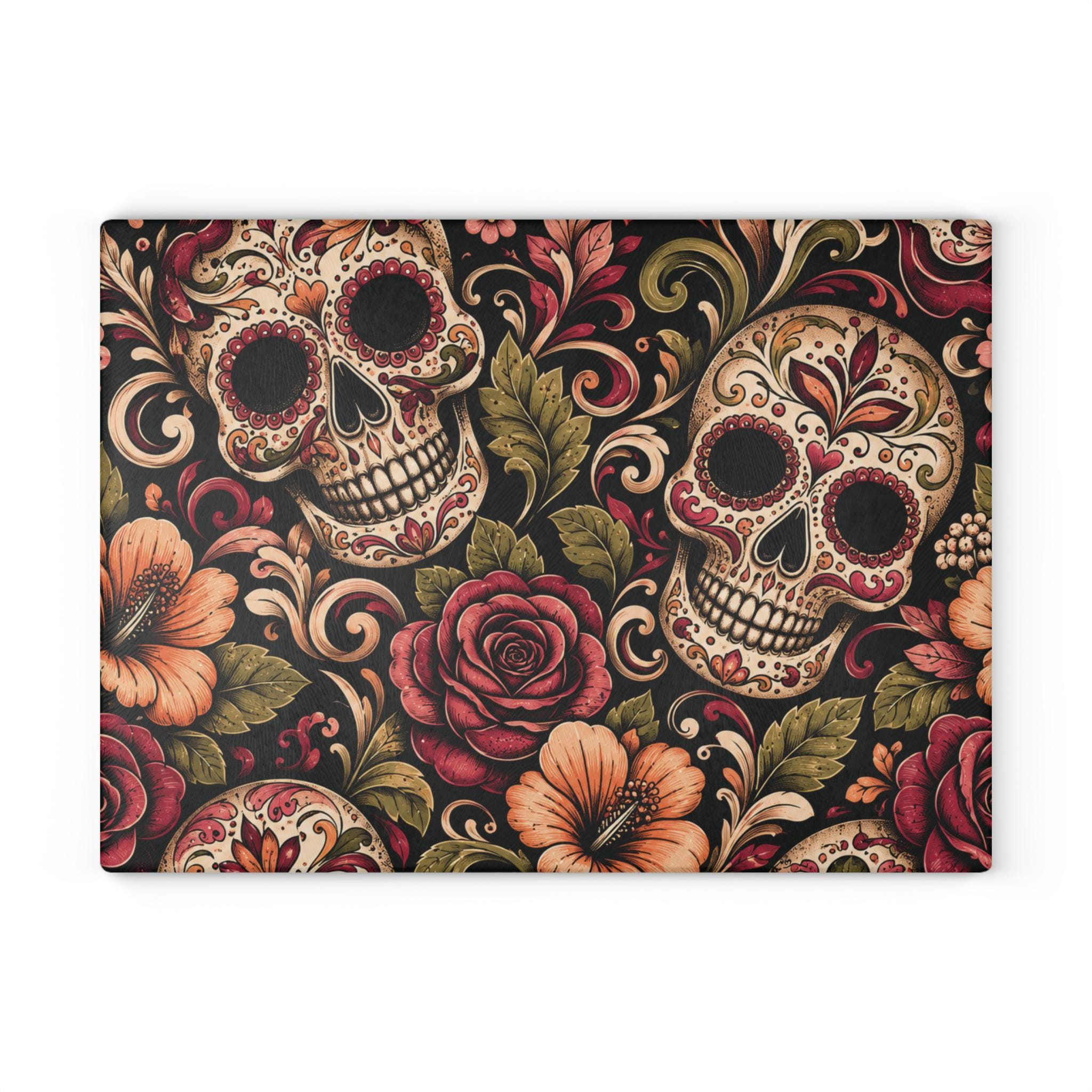Day of the Dead Sugar Skull Glass Cutting Board Floral Kitchen Decor