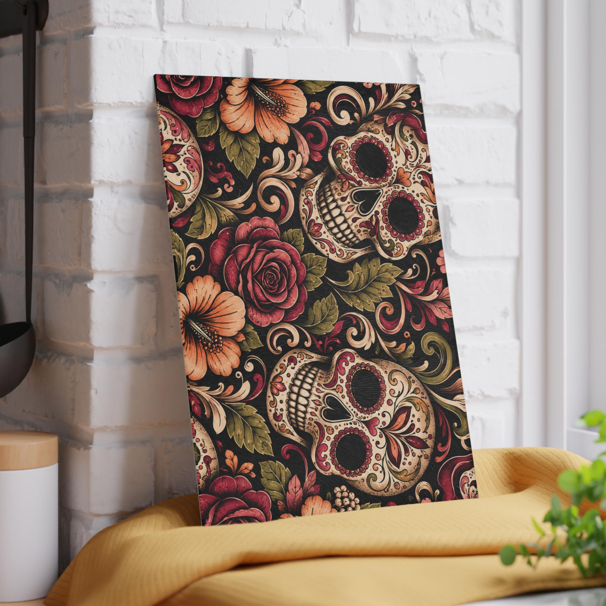 Day of the Dead Sugar Skull Glass Cutting Board Floral Kitchen Decor