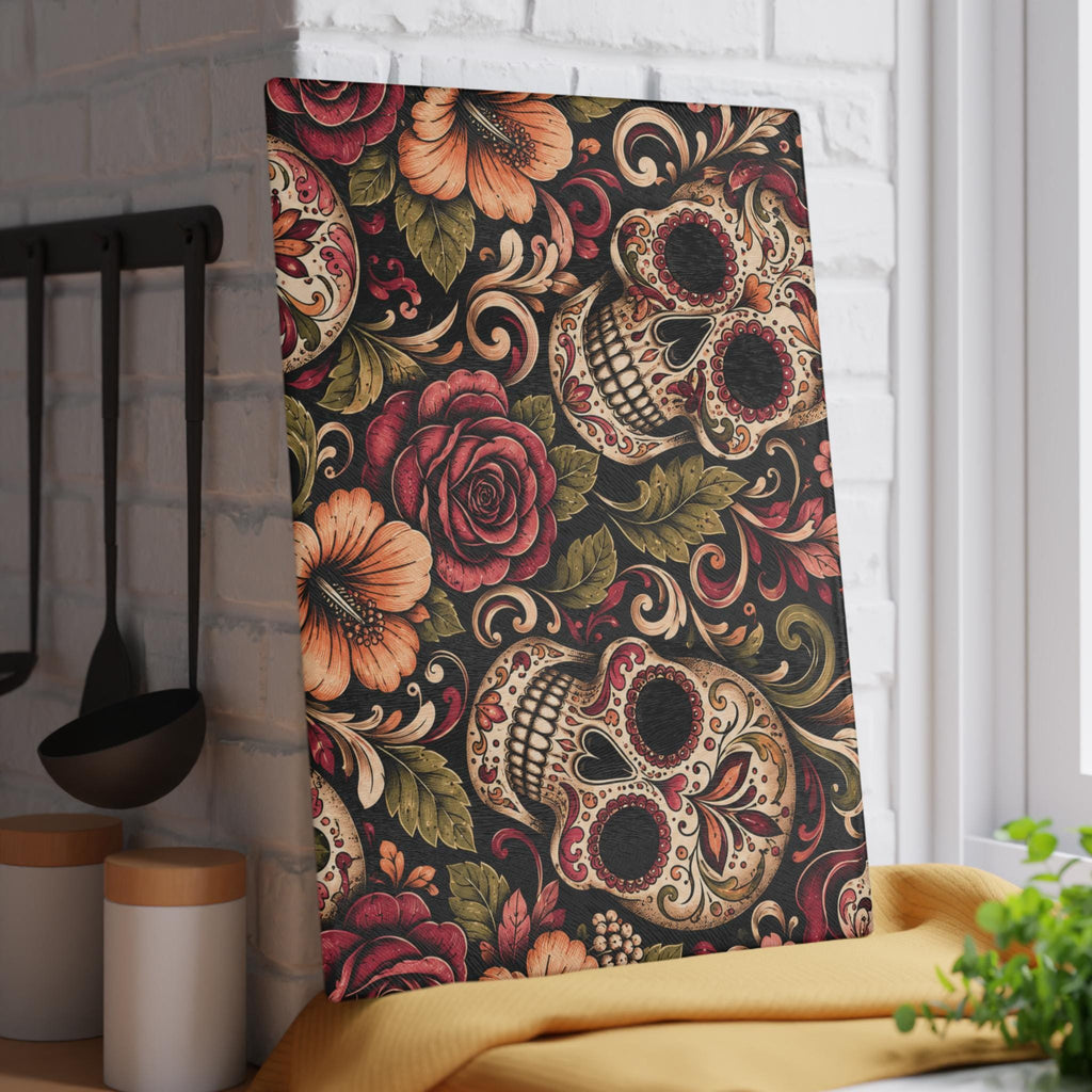 Day of the Dead Sugar Skull Glass Cutting Board Floral Kitchen Decor