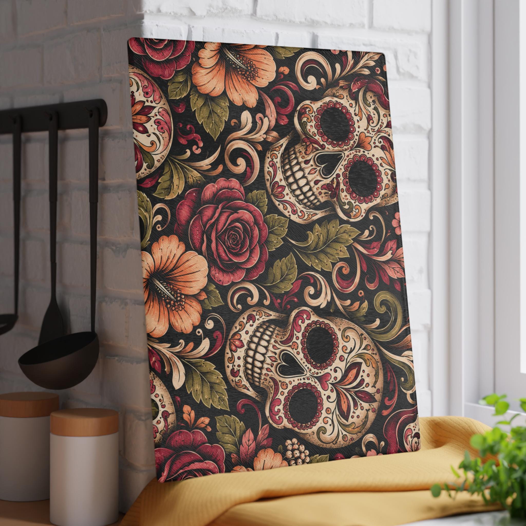 Day of the Dead Sugar Skull Glass Cutting Board Floral Kitchen Decor