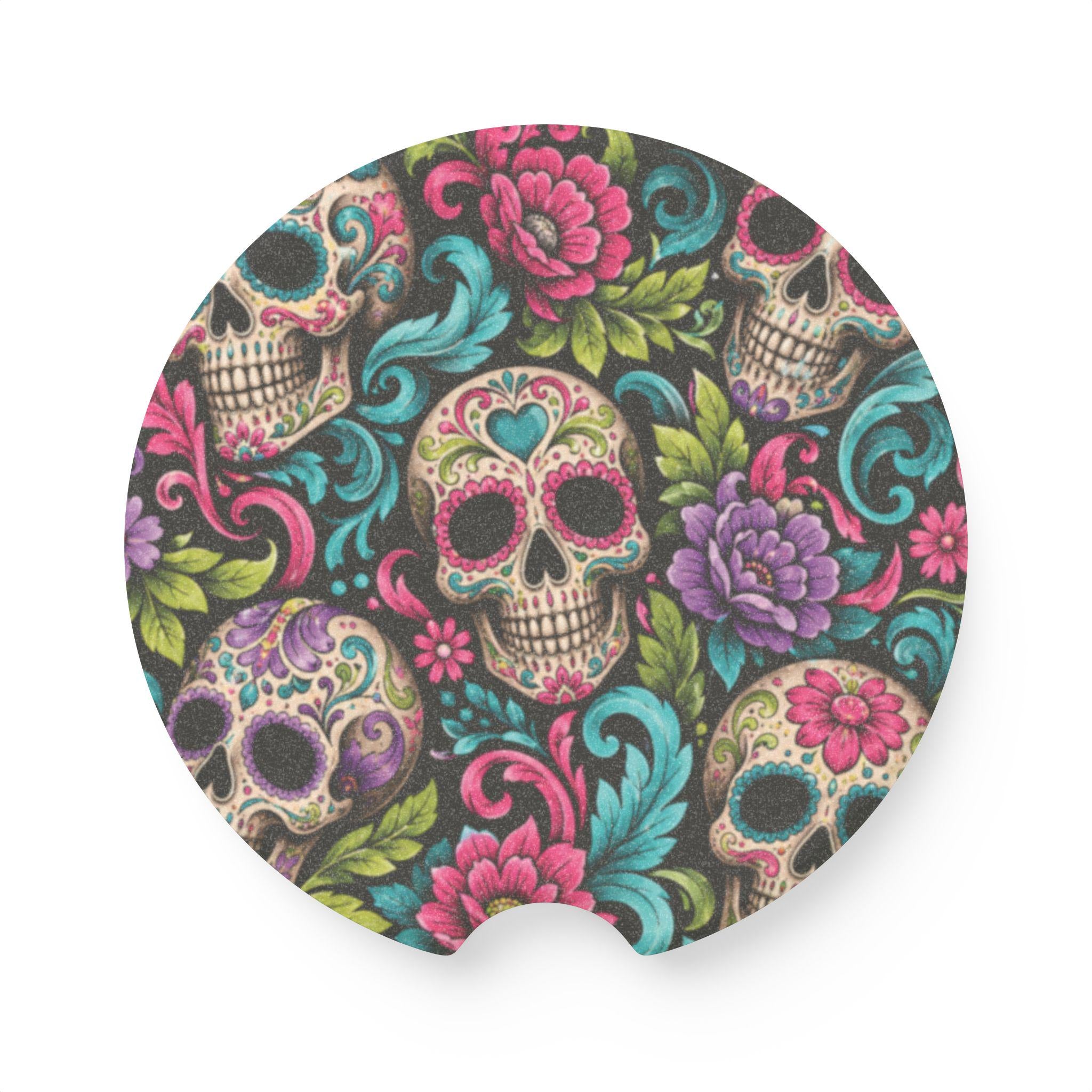Sugar Skull Floral Car Coaster Colorful Day of the Dead Soapstone Coaster