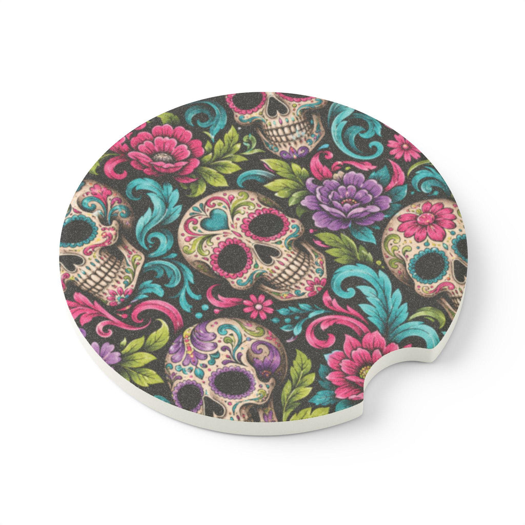 Sugar Skull Floral Car Coaster Colorful Day of the Dead Soapstone Coaster