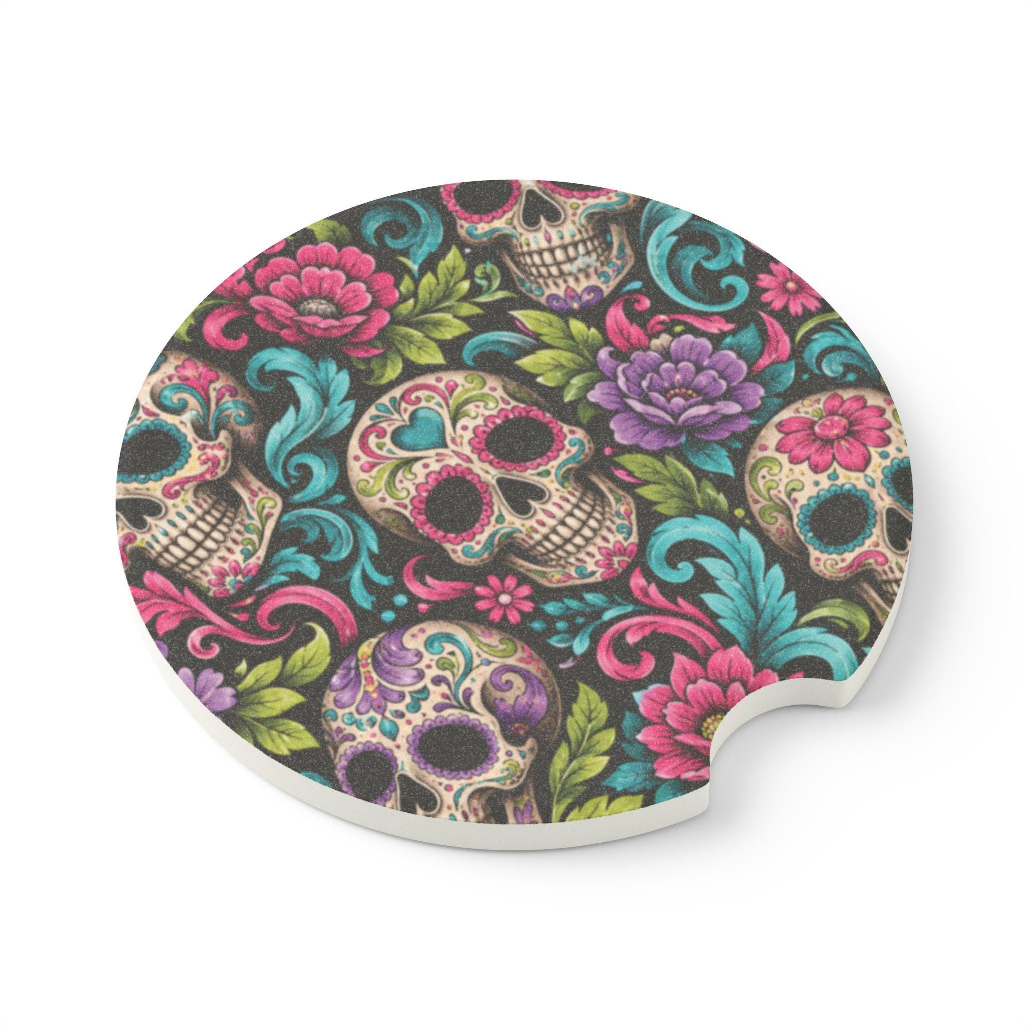 Sugar Skull Floral Car Coaster Colorful Day of the Dead Soapstone Coaster