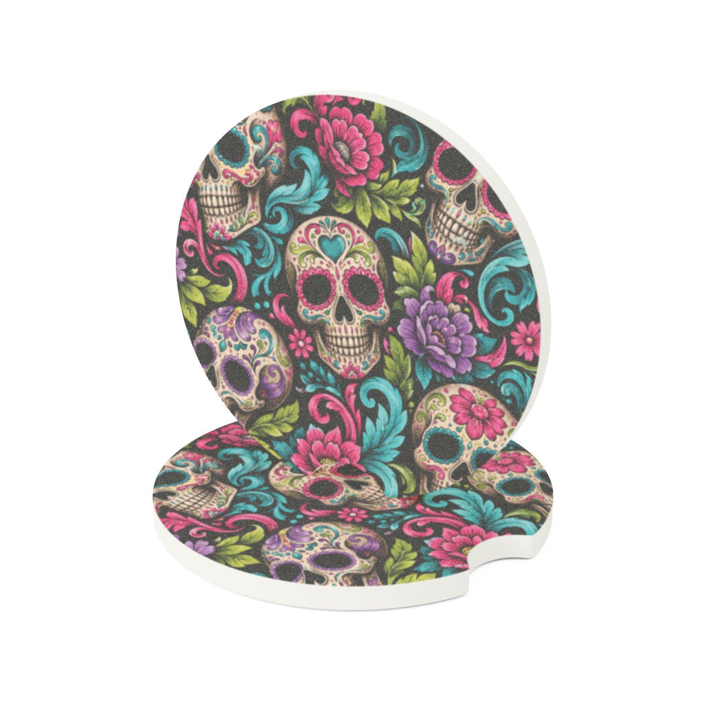 Sugar Skull Floral Car Coaster Colorful Day of the Dead Soapstone Coaster