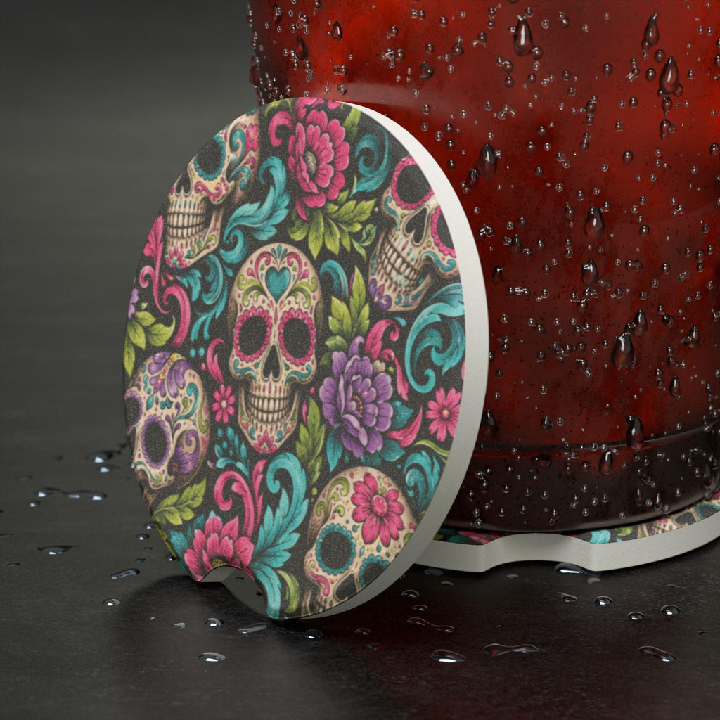 Sugar Skull Floral Car Coaster Colorful Day of the Dead Soapstone Coaster
