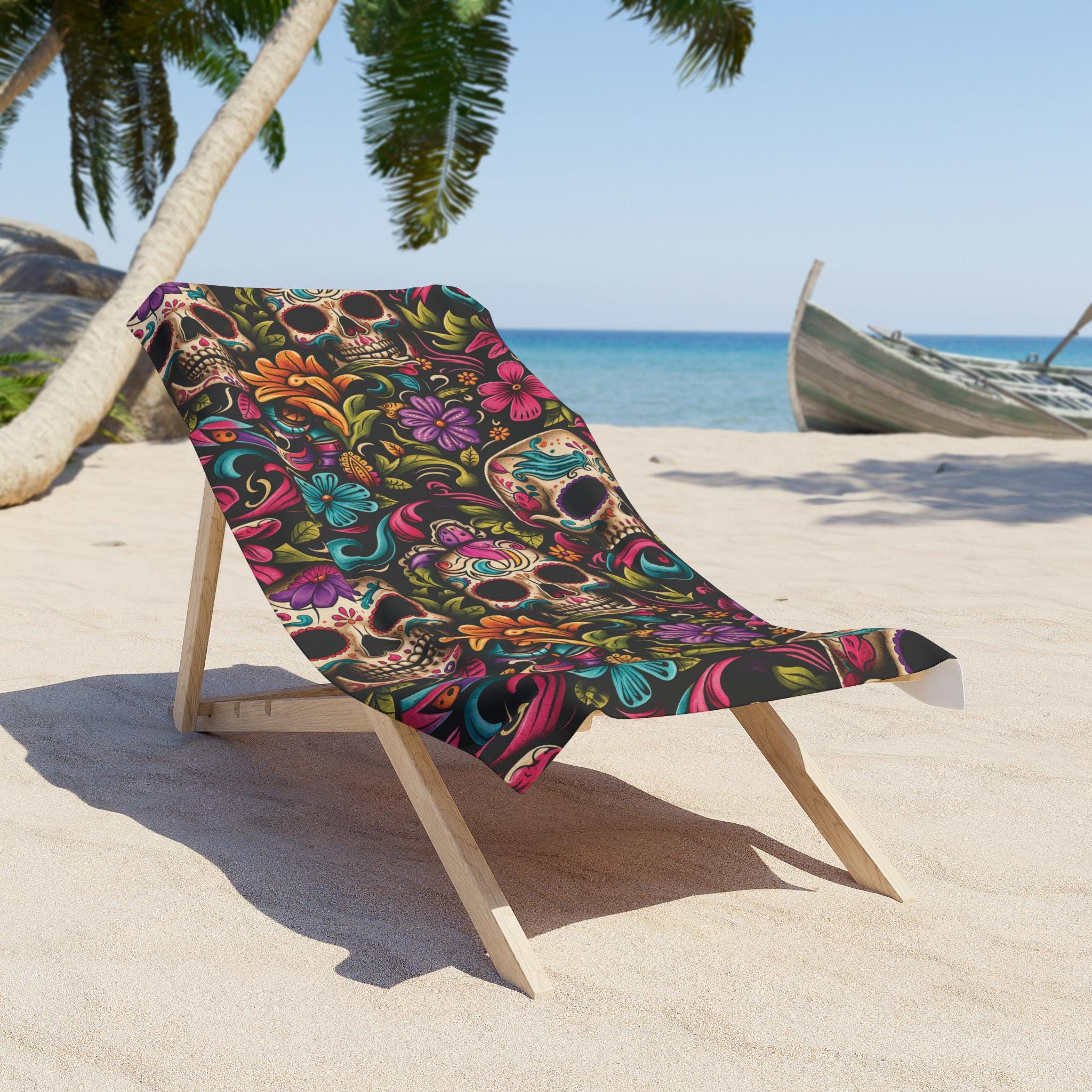 Colorful Sugar Skull Floral Beach Towel Day of the Dead Pattern