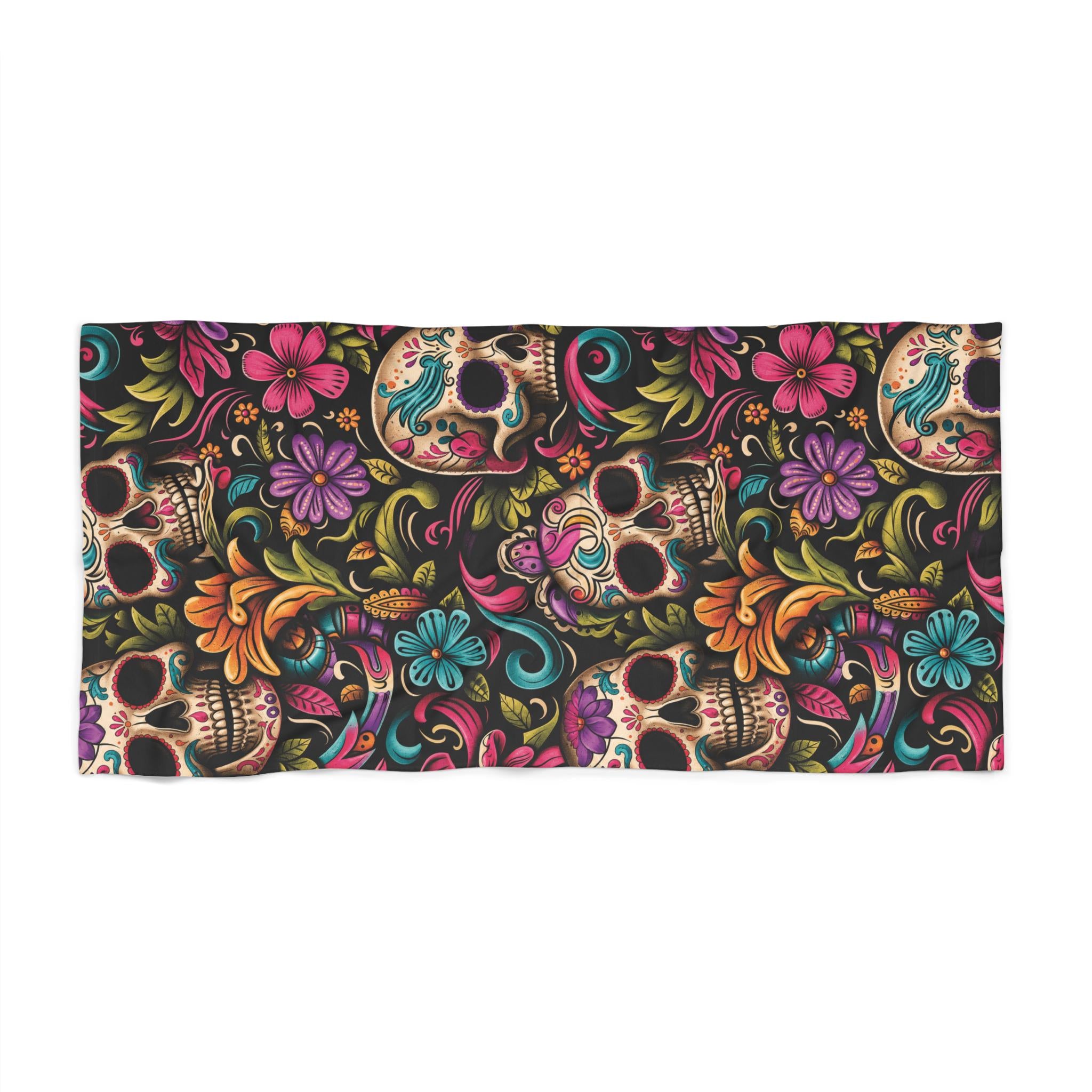 Colorful Sugar Skull Floral Beach Towel Day of the Dead Pattern