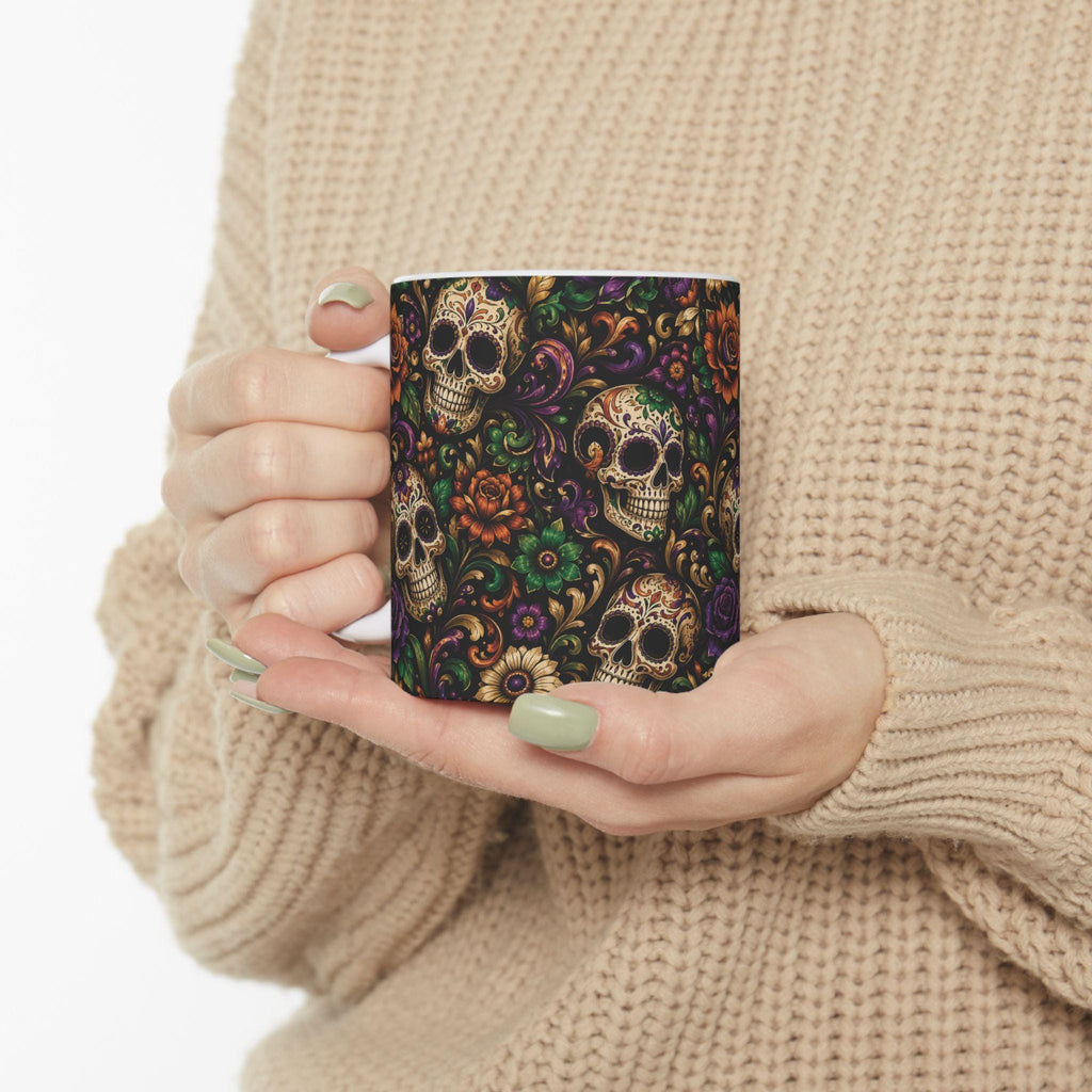 Day of the Dead Sugar Skull Ceramic Mug Floral Gothic