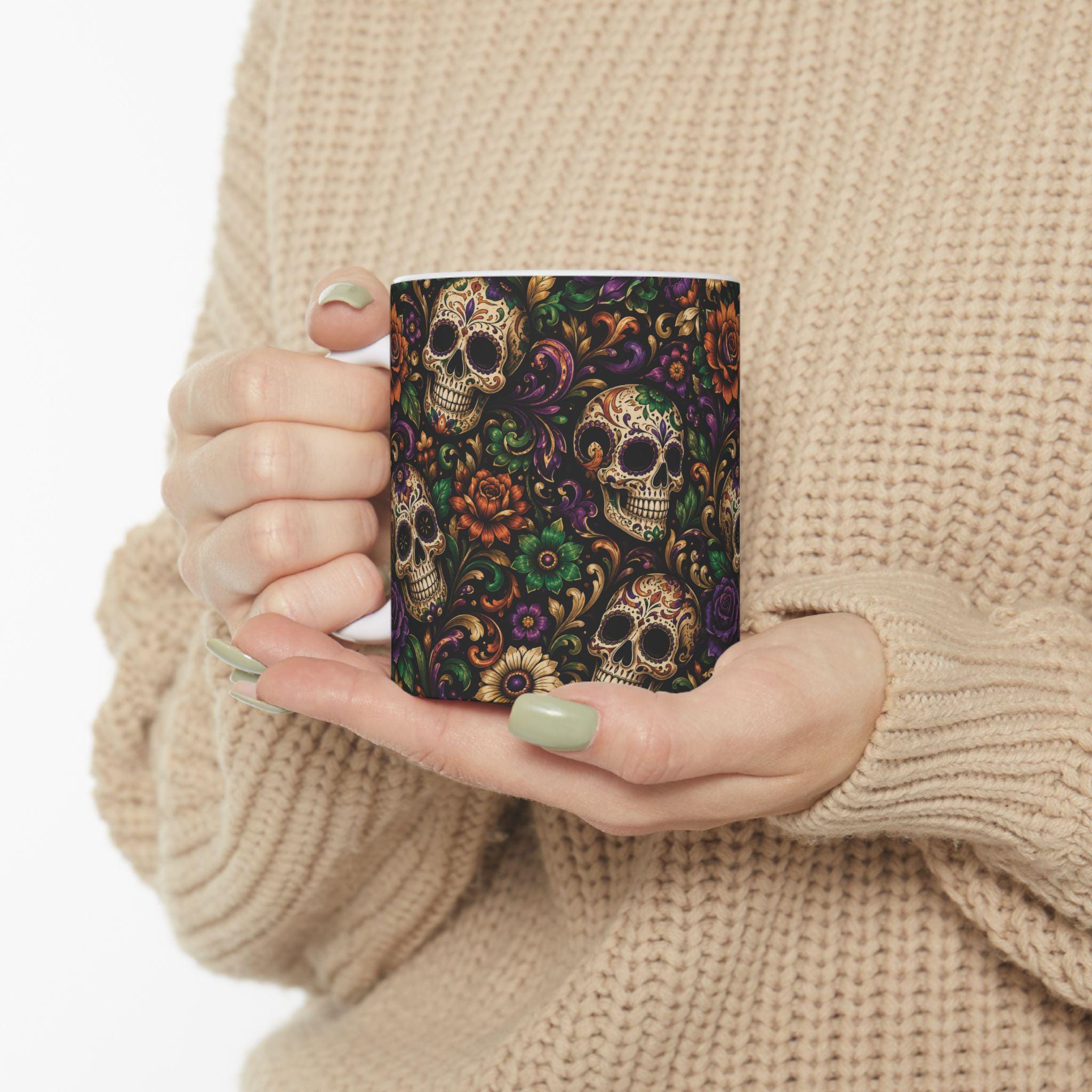 Day of the Dead Sugar Skull Ceramic Mug Floral Gothic