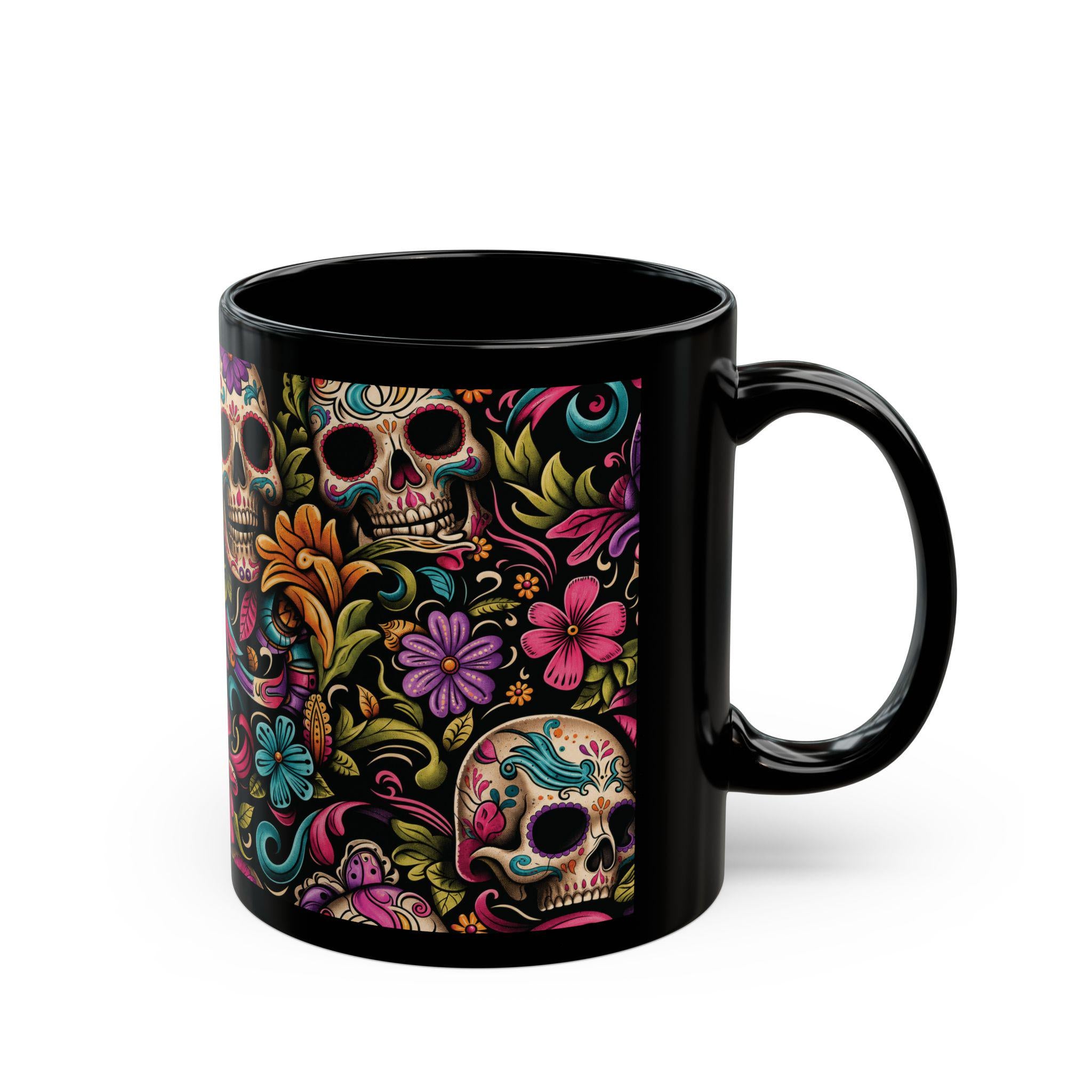 Black Day of the Dead Skull Floral Coffee Mug (11oz/15oz)