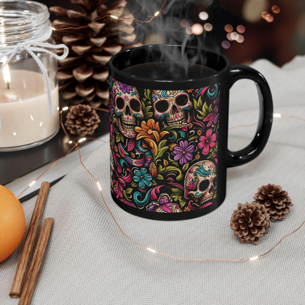 Black Day of the Dead Skull Floral Coffee Mug (11oz/15oz)