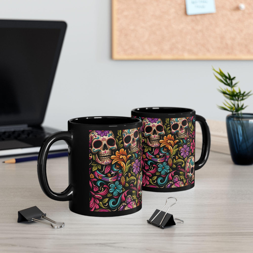 Black Day of the Dead Skull Floral Coffee Mug (11oz/15oz)