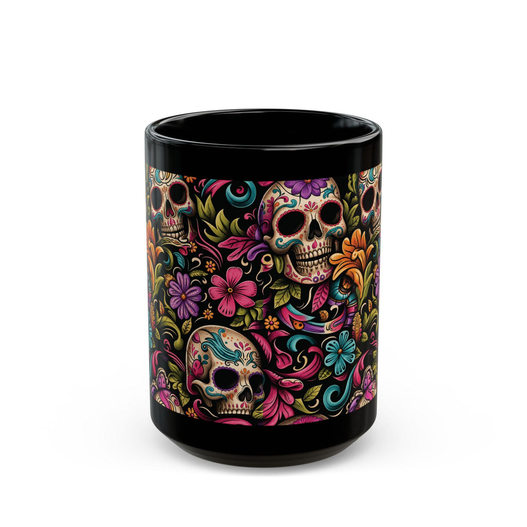 Black Day of the Dead Skull Floral Coffee Mug (11oz/15oz)