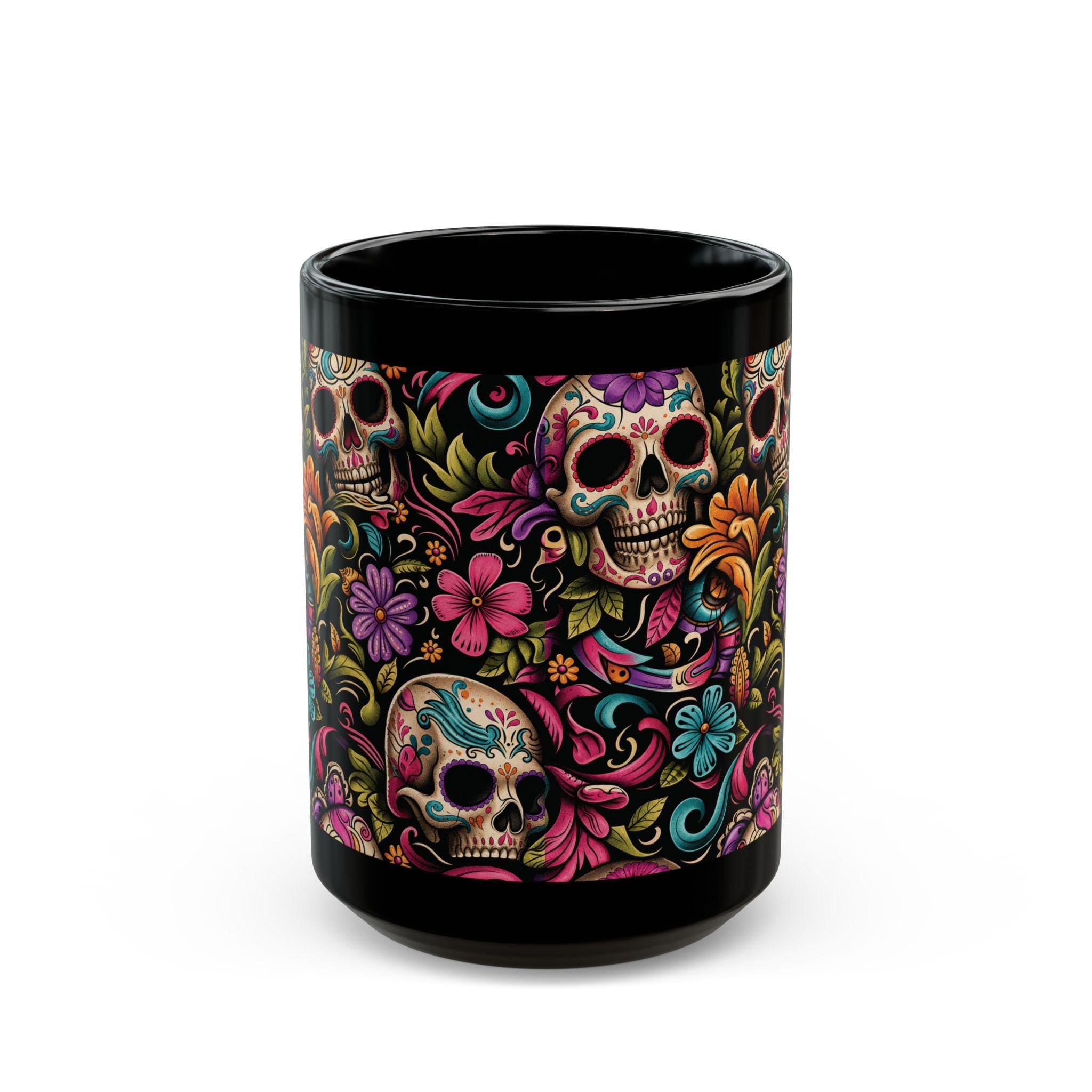 Black Day of the Dead Skull Floral Coffee Mug (11oz/15oz)