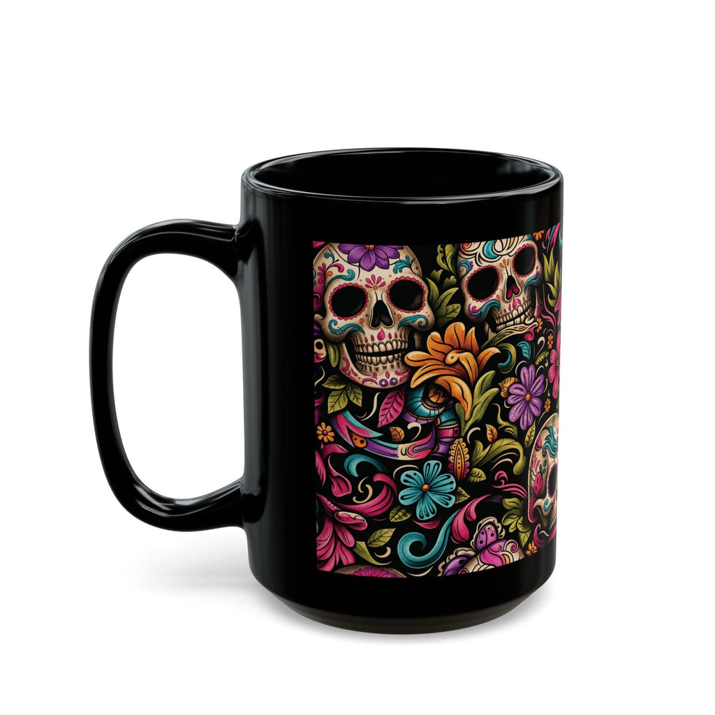 Black Day of the Dead Skull Floral Coffee Mug (11oz/15oz)