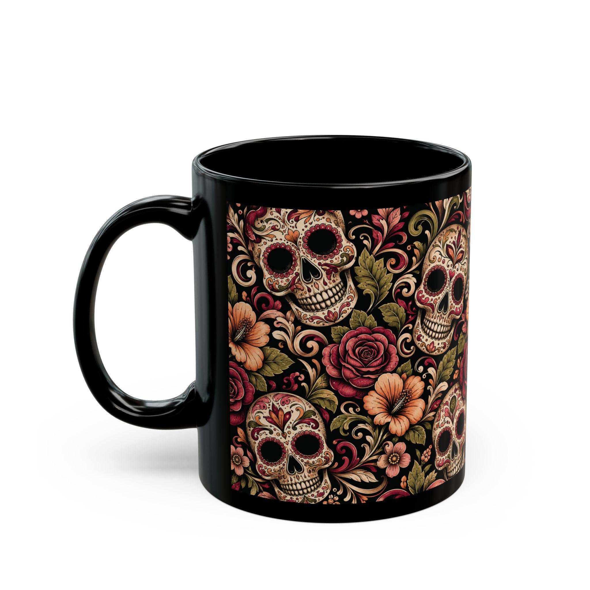 Day of the Dead Sugar Skull Black Mug Floral Calavera Coffee Cup