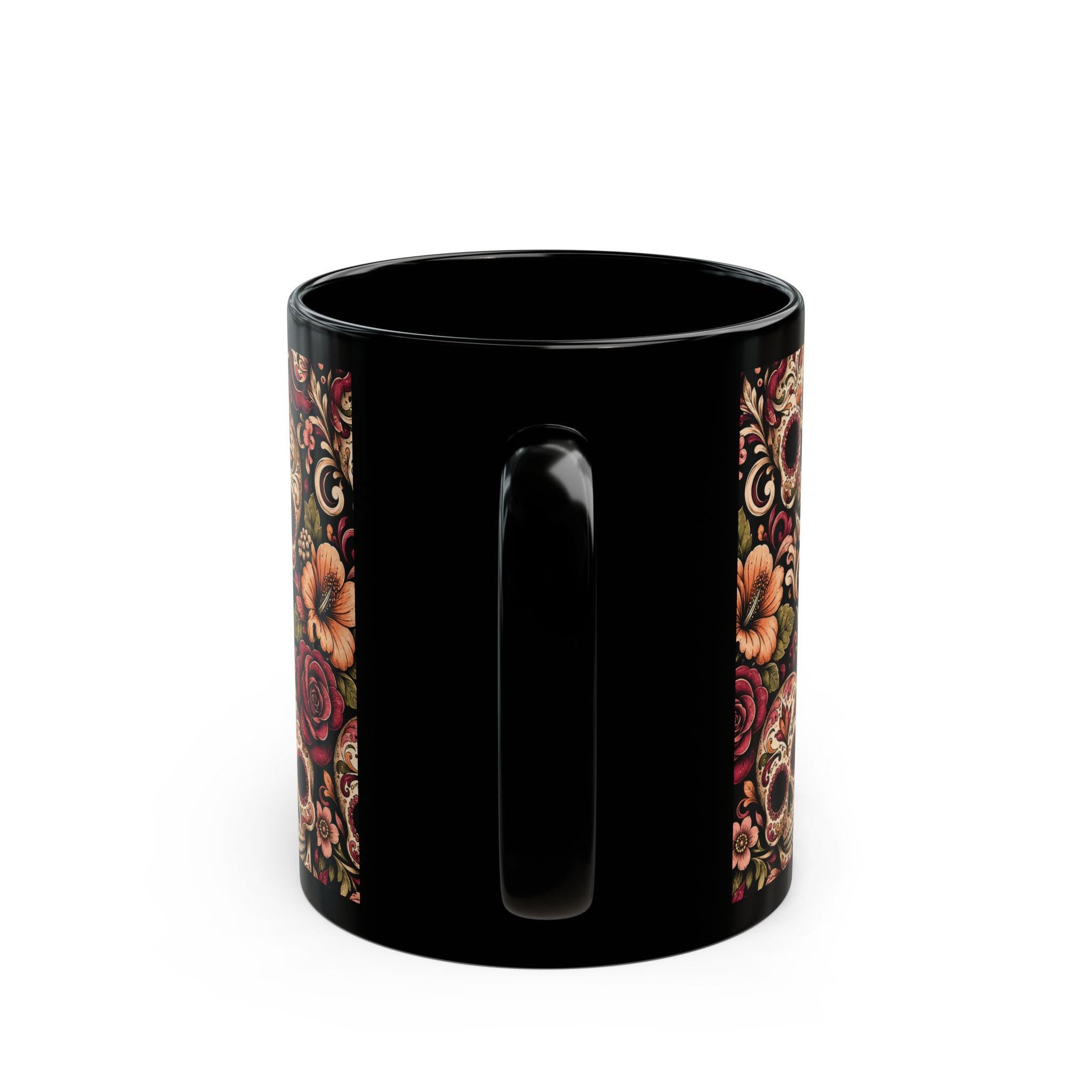 Day of the Dead Sugar Skull Black Mug Floral Calavera Coffee Cup