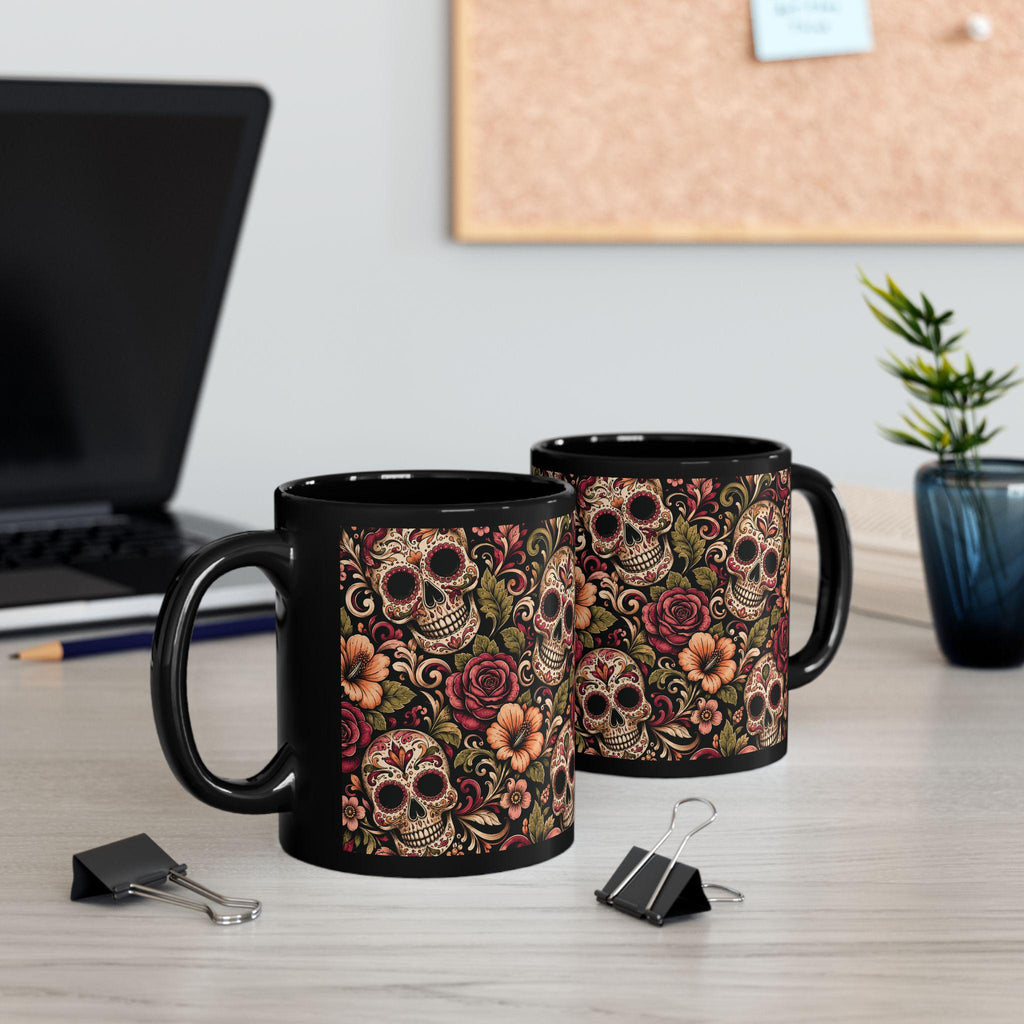 Day of the Dead Sugar Skull Black Mug Floral Calavera Coffee Cup